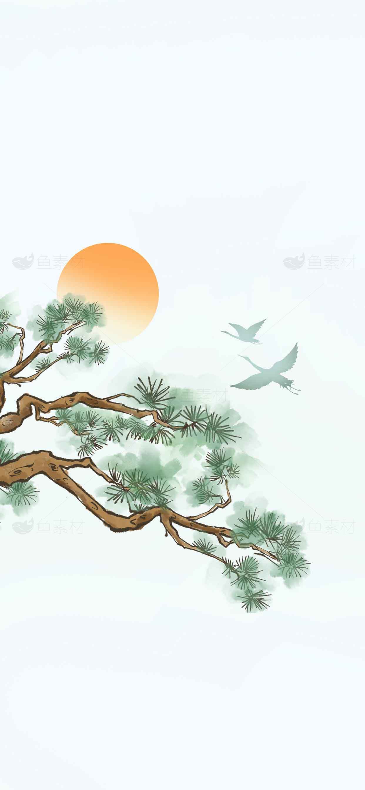 中国风水墨画松树与飞鸟日出背景素材