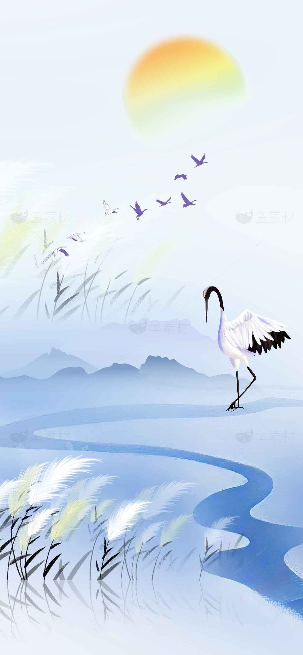 唯美水墨丹顶鹤与自然风光插画素材
