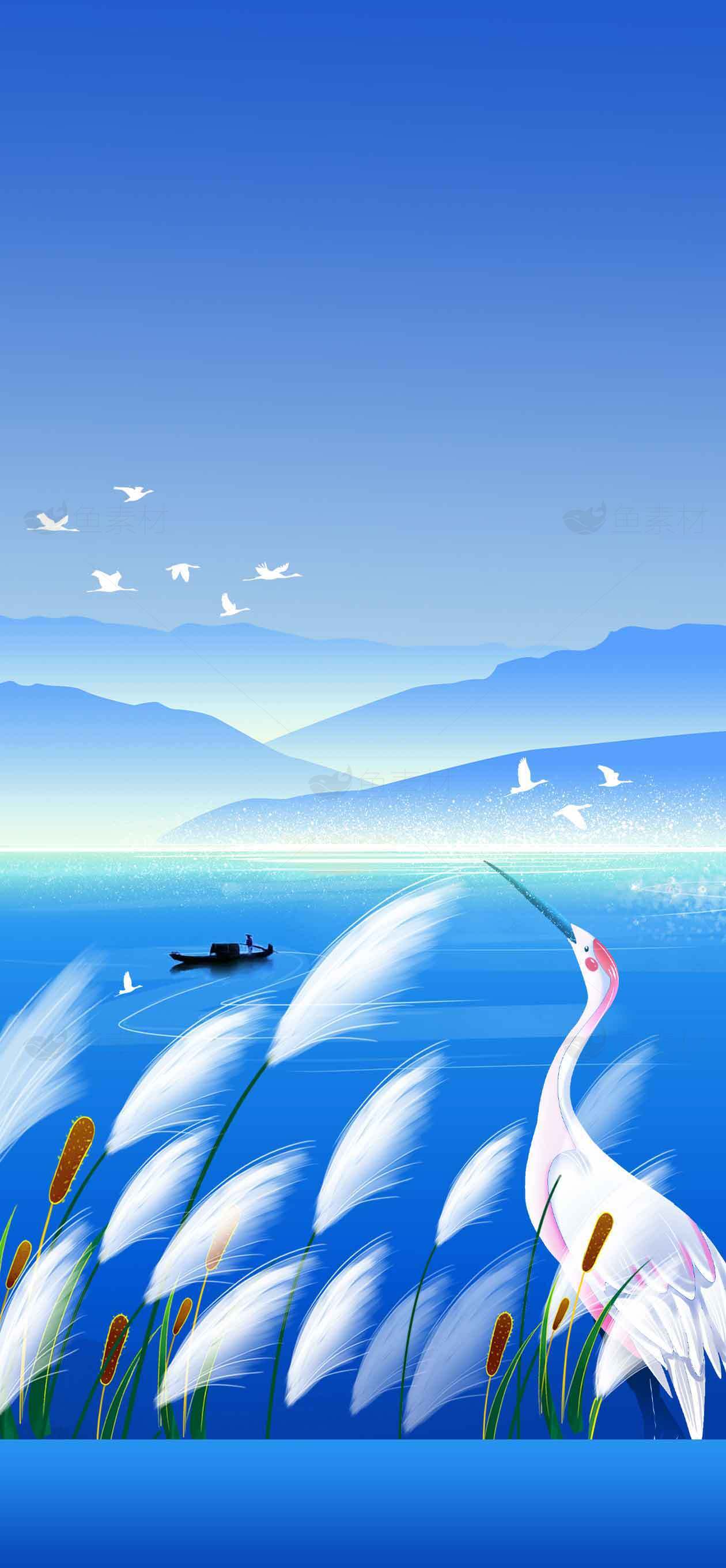 蓝色湖畔与白鹤的唯美自然风光素材