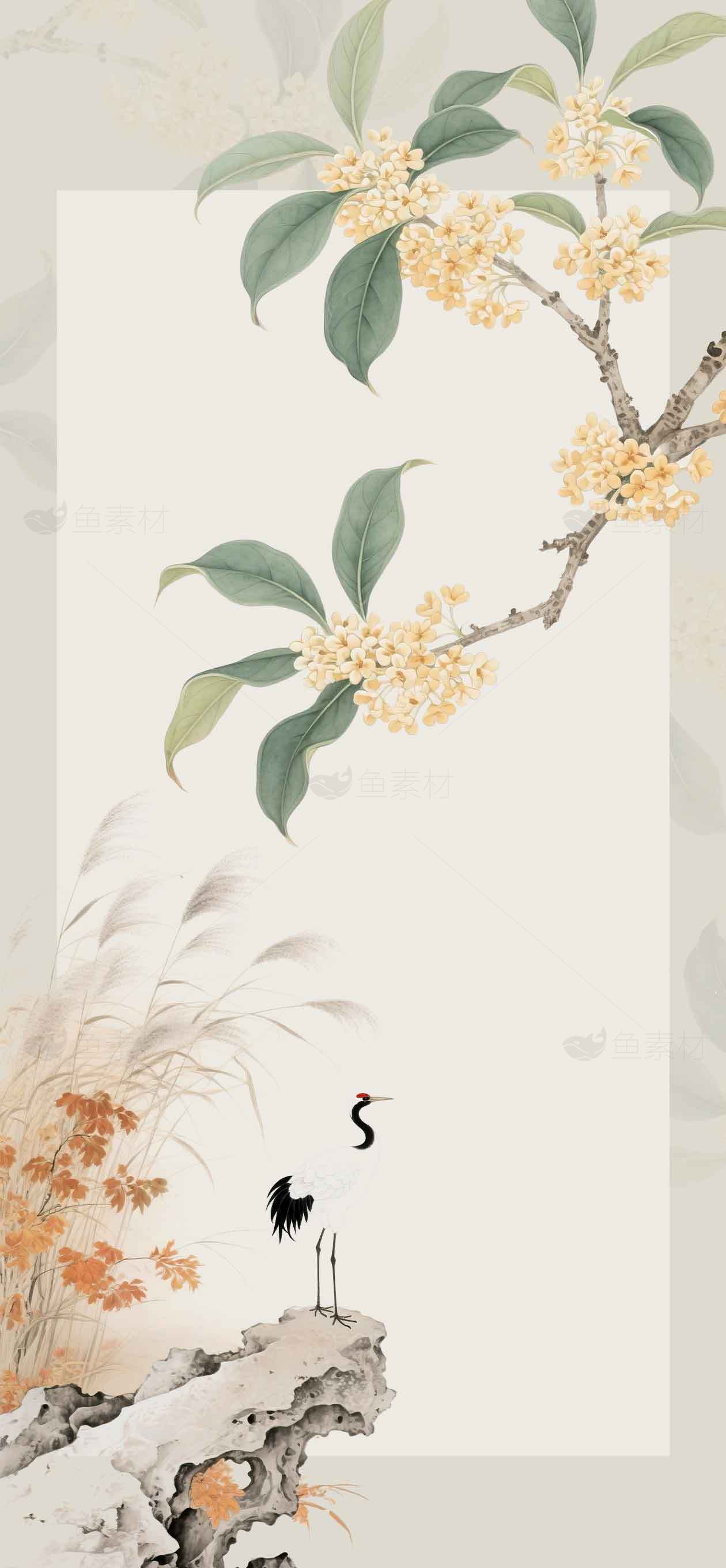 中国传统水墨画风格秋景插画素材