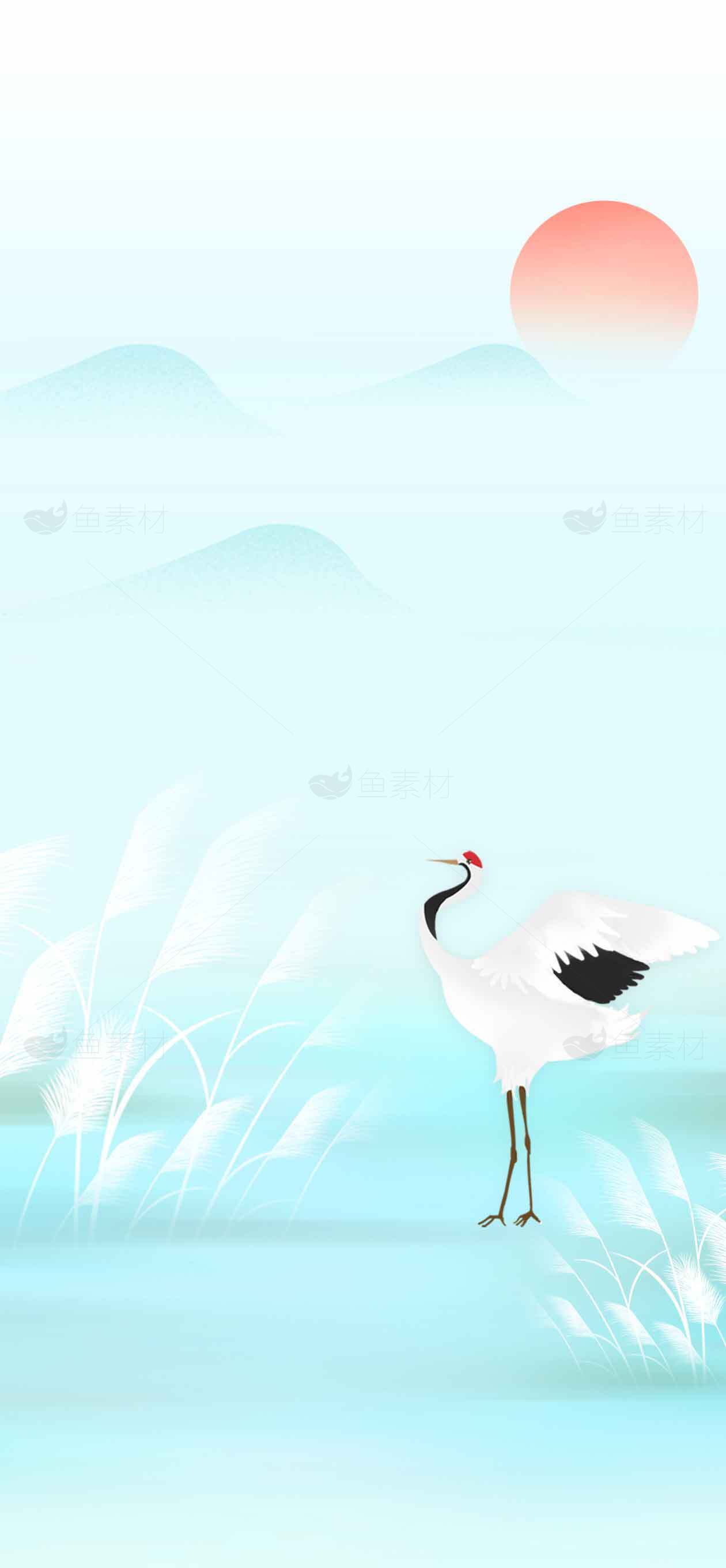 唯美丹顶鹤与山水日出背景图片素材