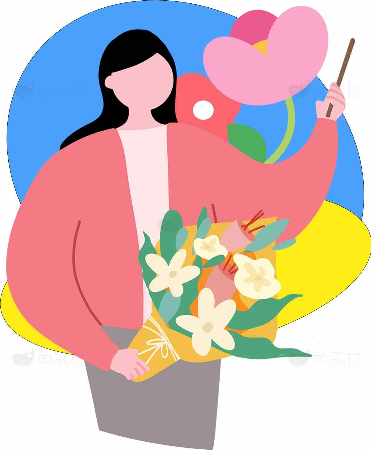 手捧鲜花的简约插画风女性形象素材