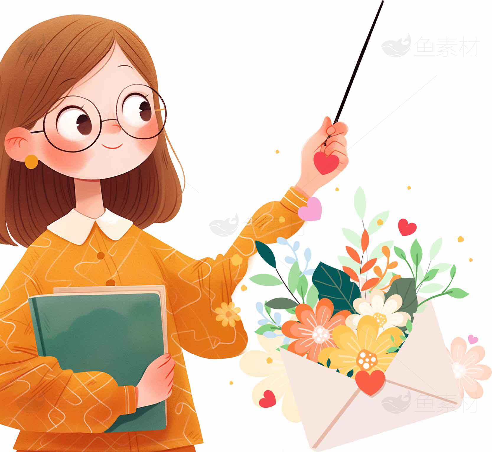 卡通风格教师与花束信封插画设计素材