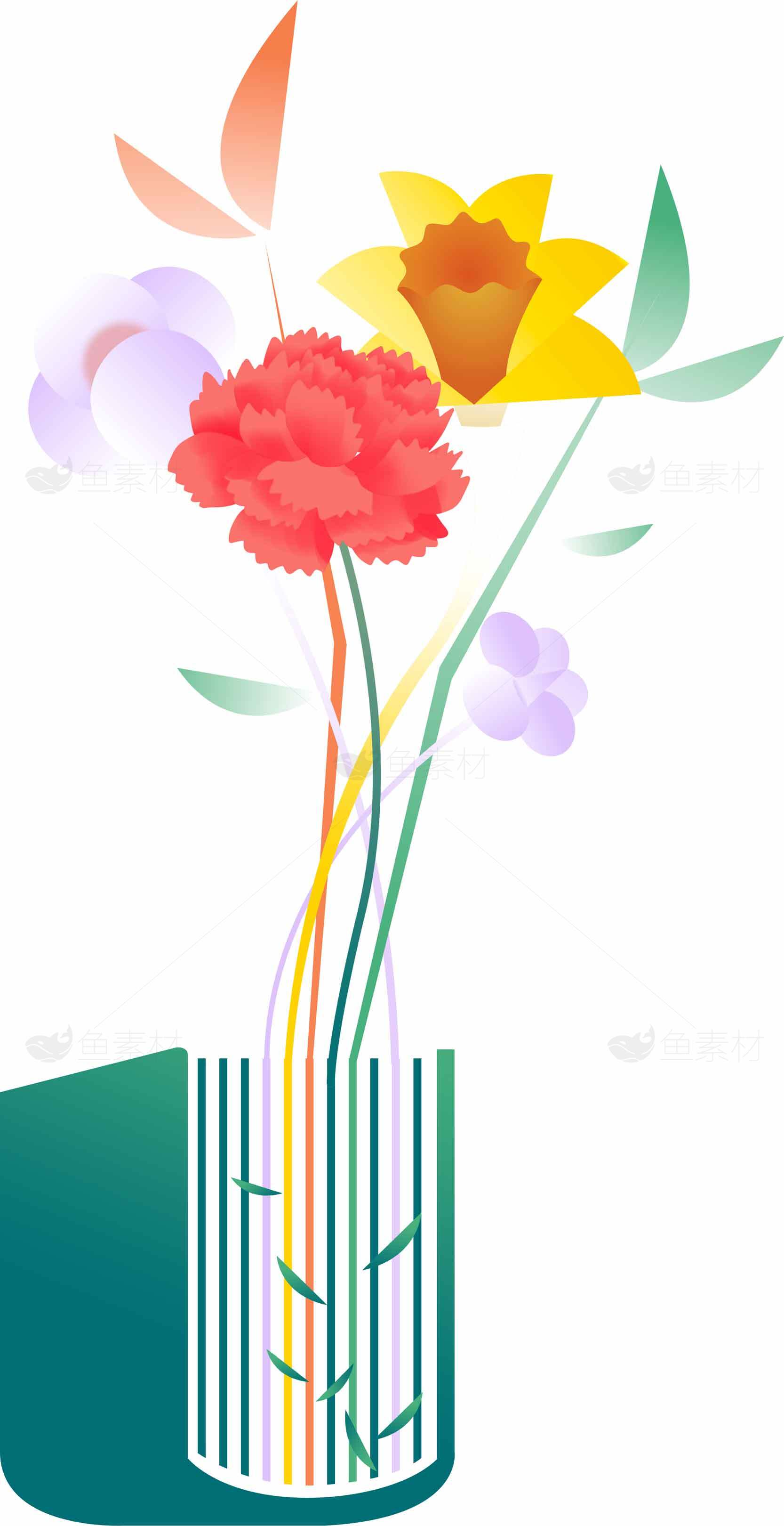 简约插画风格花瓶与花卉设计素材