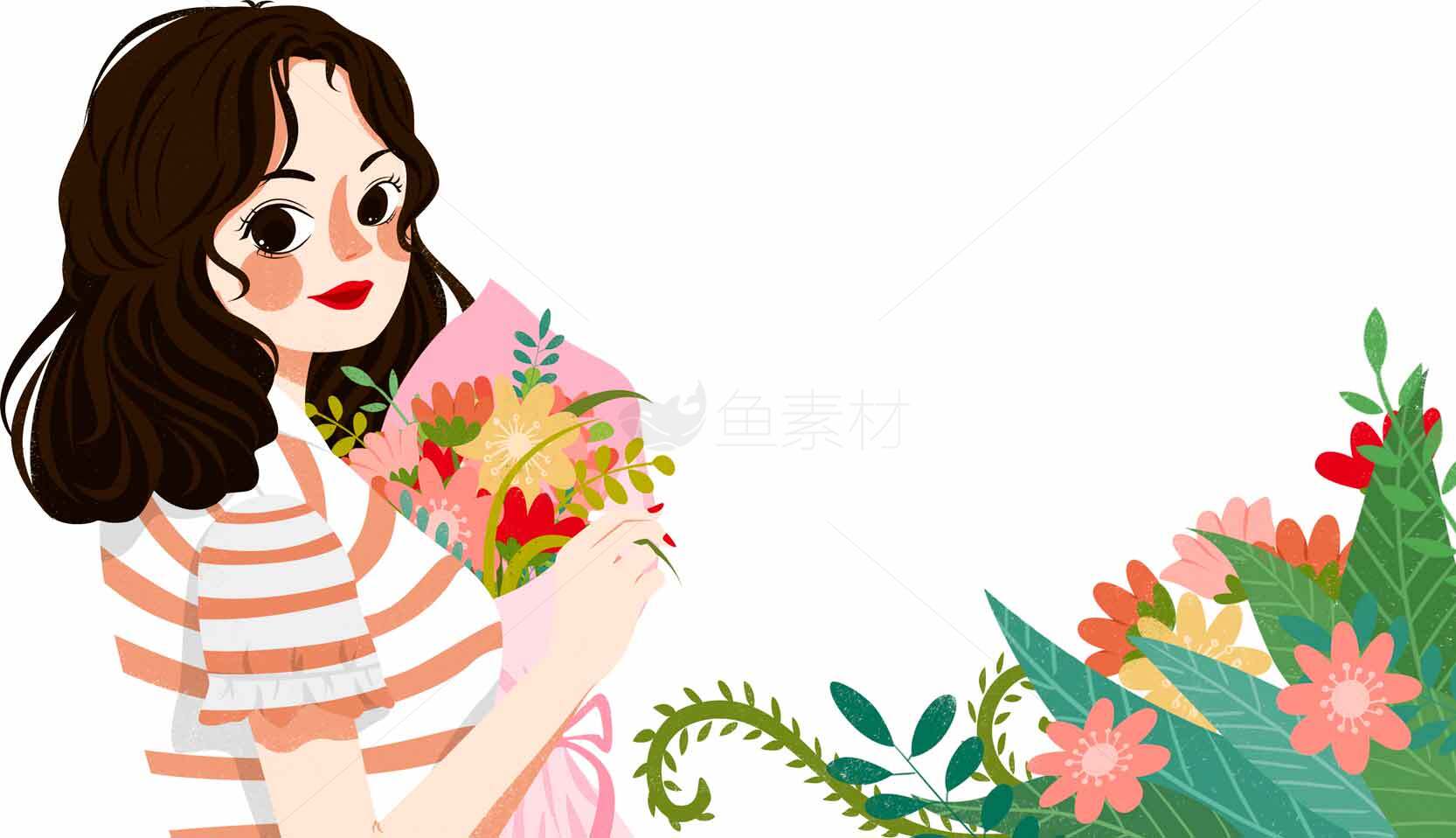 手绘风格女生与花束插画图片素材