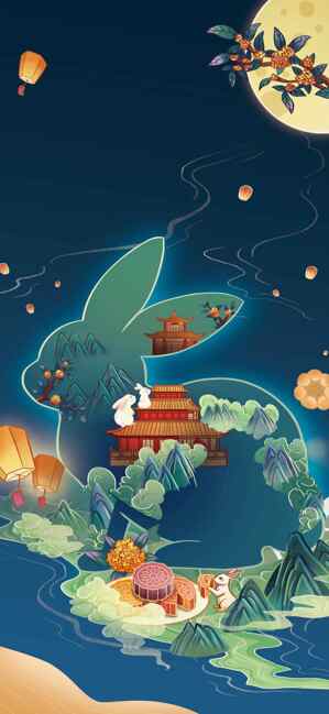中秋节创意插画：玉兔与传统灯笼的唯美夜景
