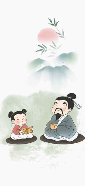 国风插画：父子共读书的温馨场景