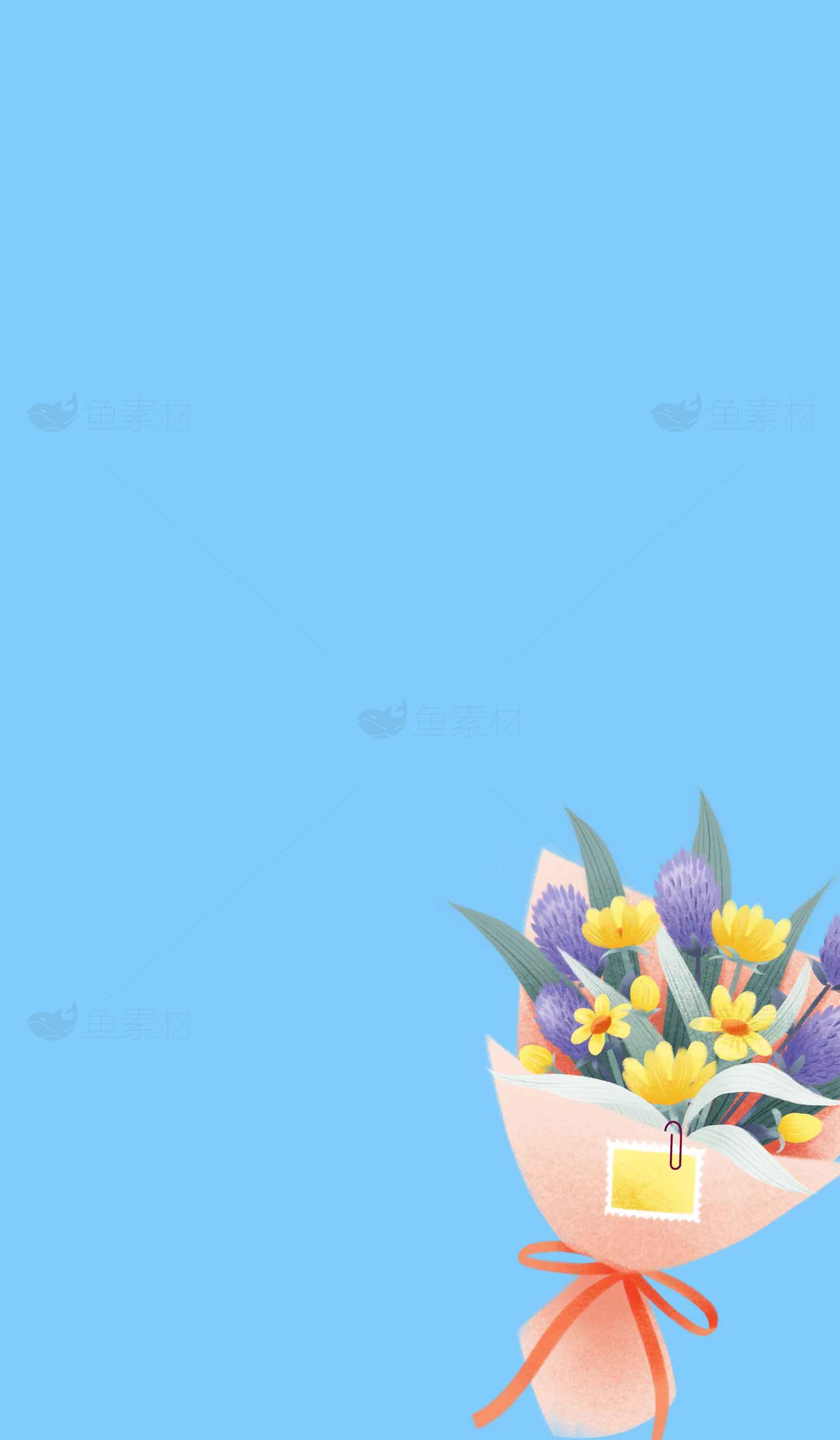 清新蓝色背景与花束插画设计素材