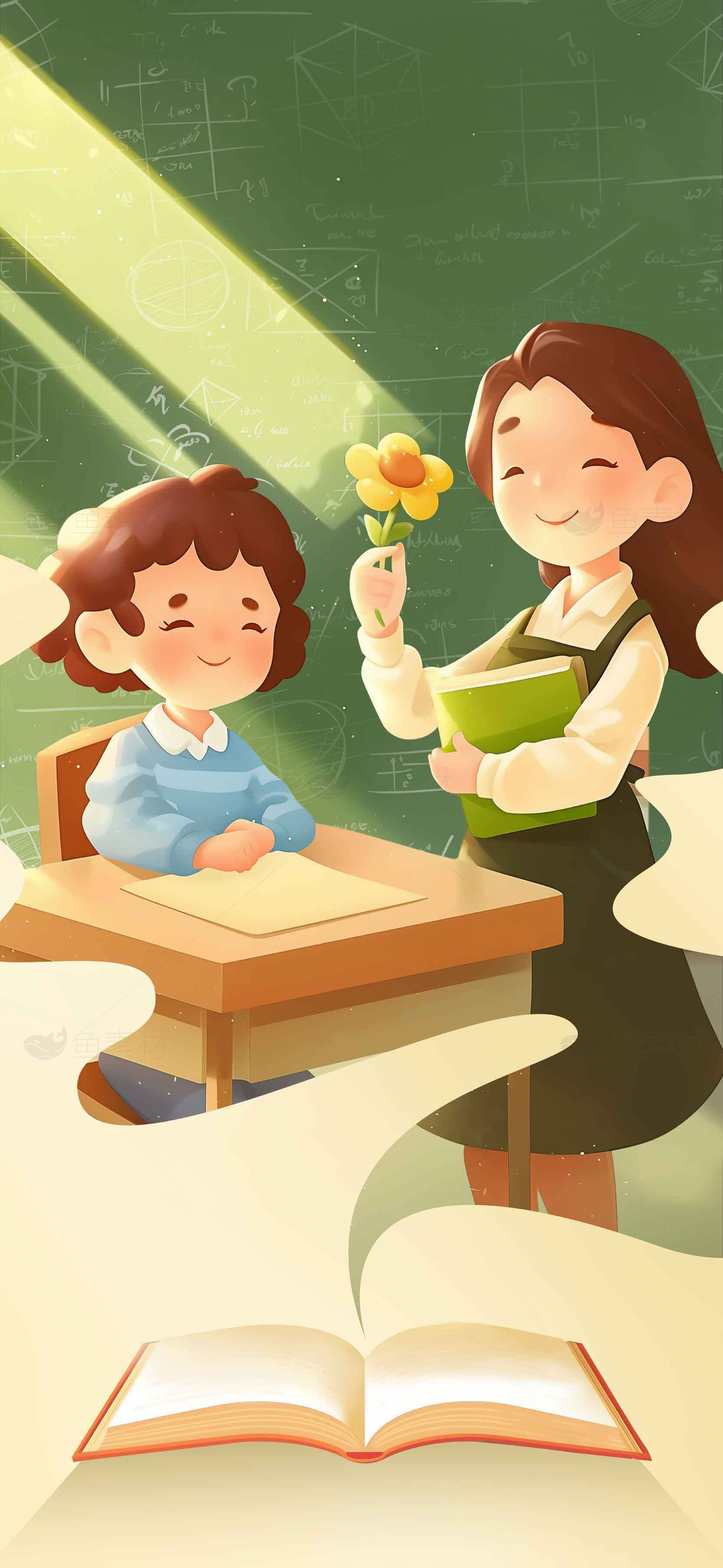温馨课堂插画：老师与学生的互动瞬间素材