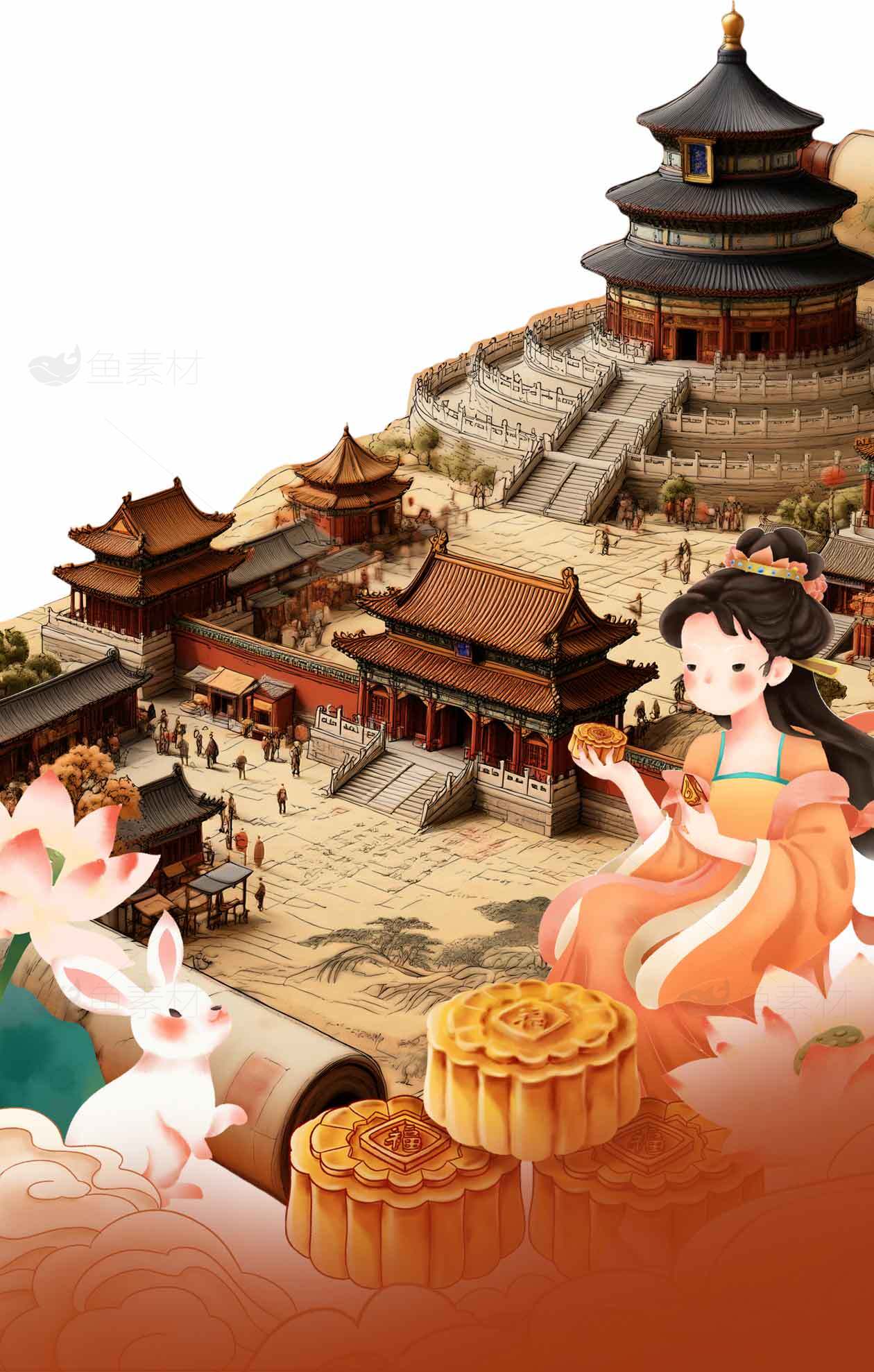 中秋节传统文化插画：天坛与月饼的唯美结合素材