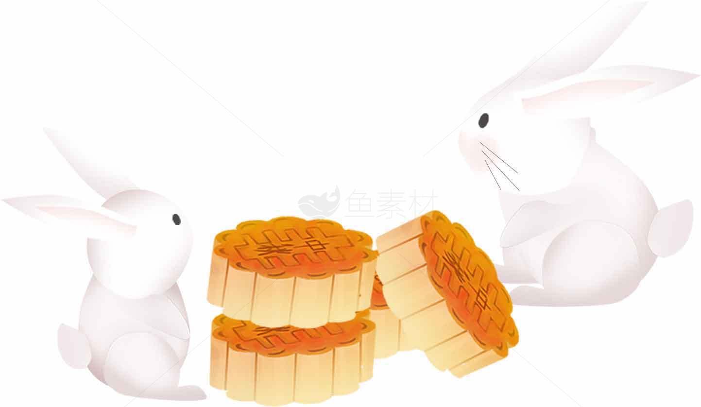 中秋节两只小白兔与月饼插画素材