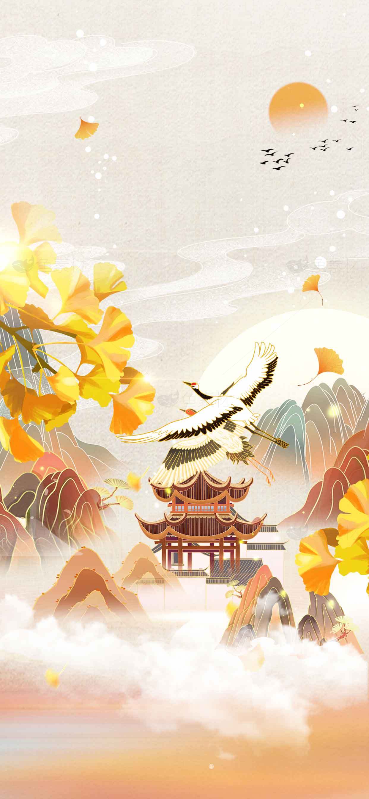 秋日山水国风插画唯美意境素材