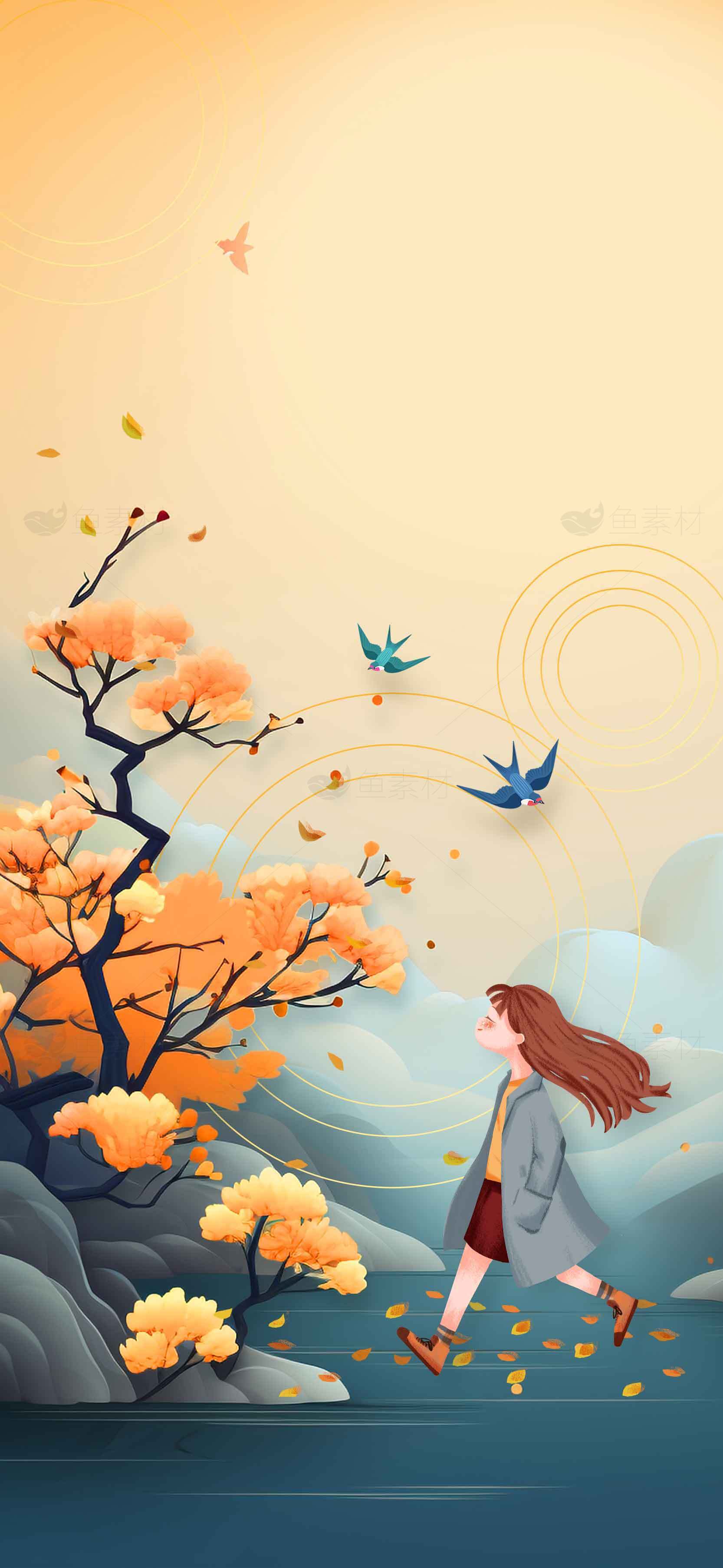 秋日漫步插画：女孩与蓝鸟的唯美邂逅素材