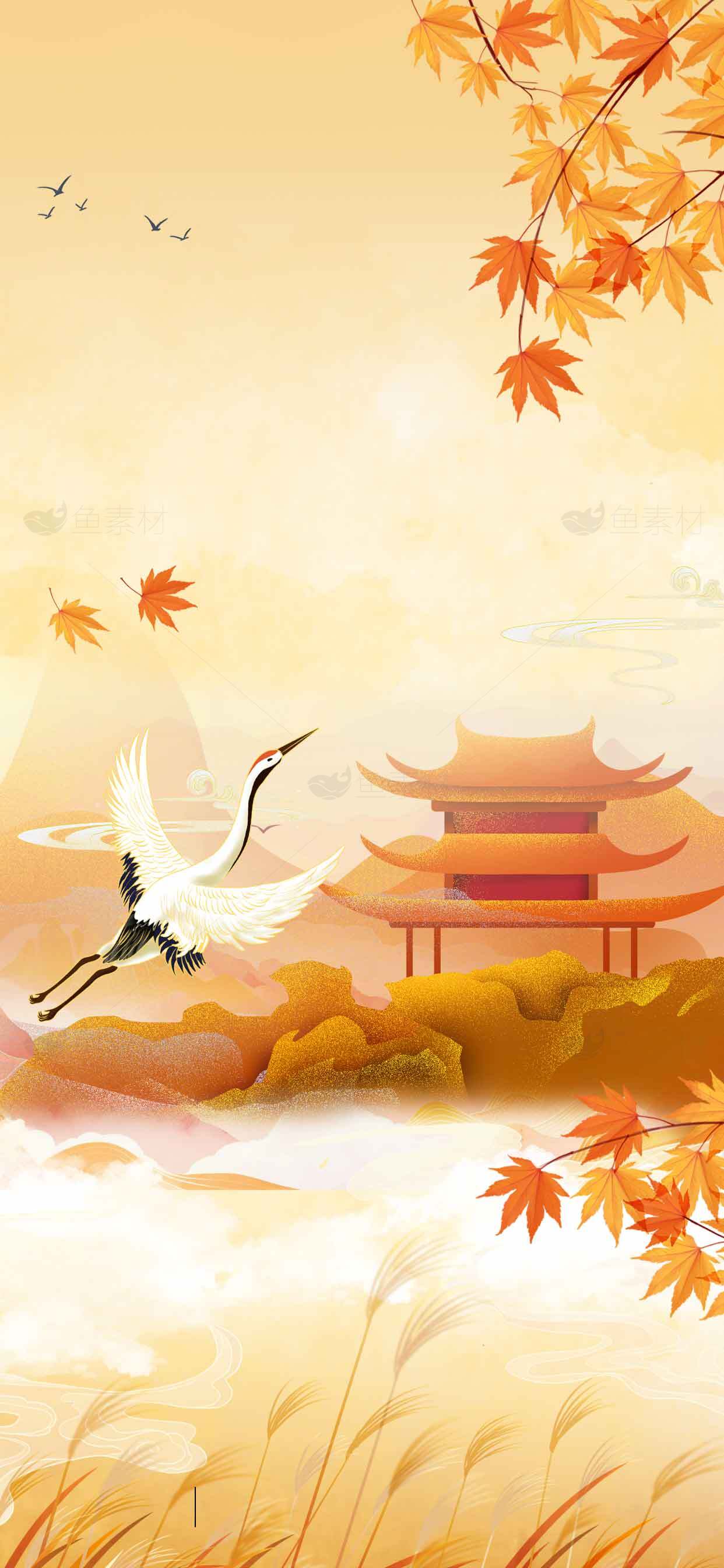 秋日和风仙鹤飞舞与古建筑意境插画素材