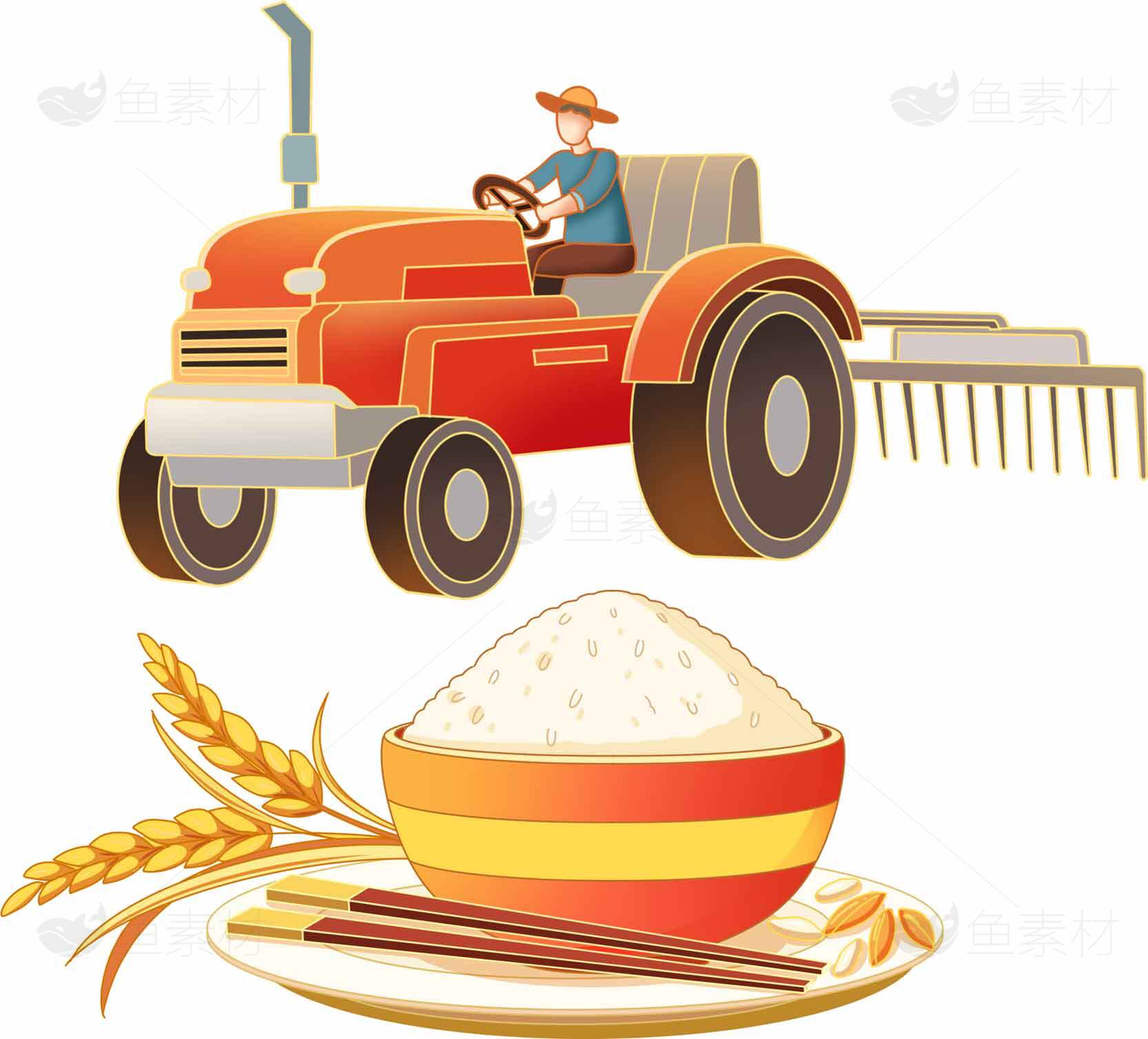 农业与粮食生产的象征：红色拖拉机与稻米碗插画素材