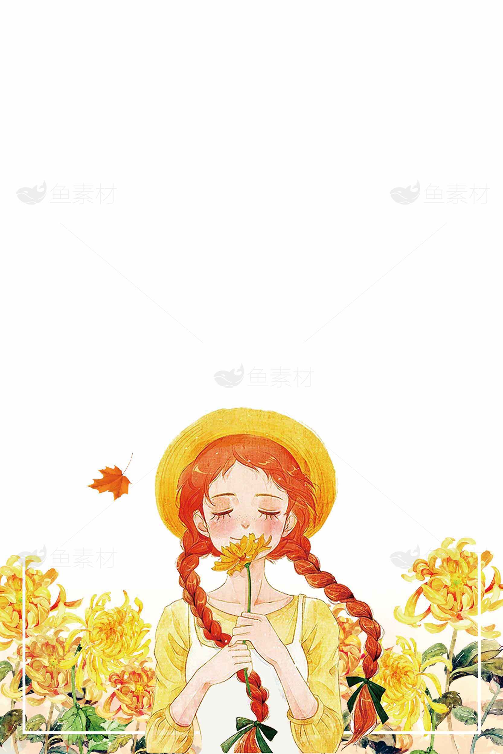 秋日田园风插画：红发女孩与黄色花海素材
