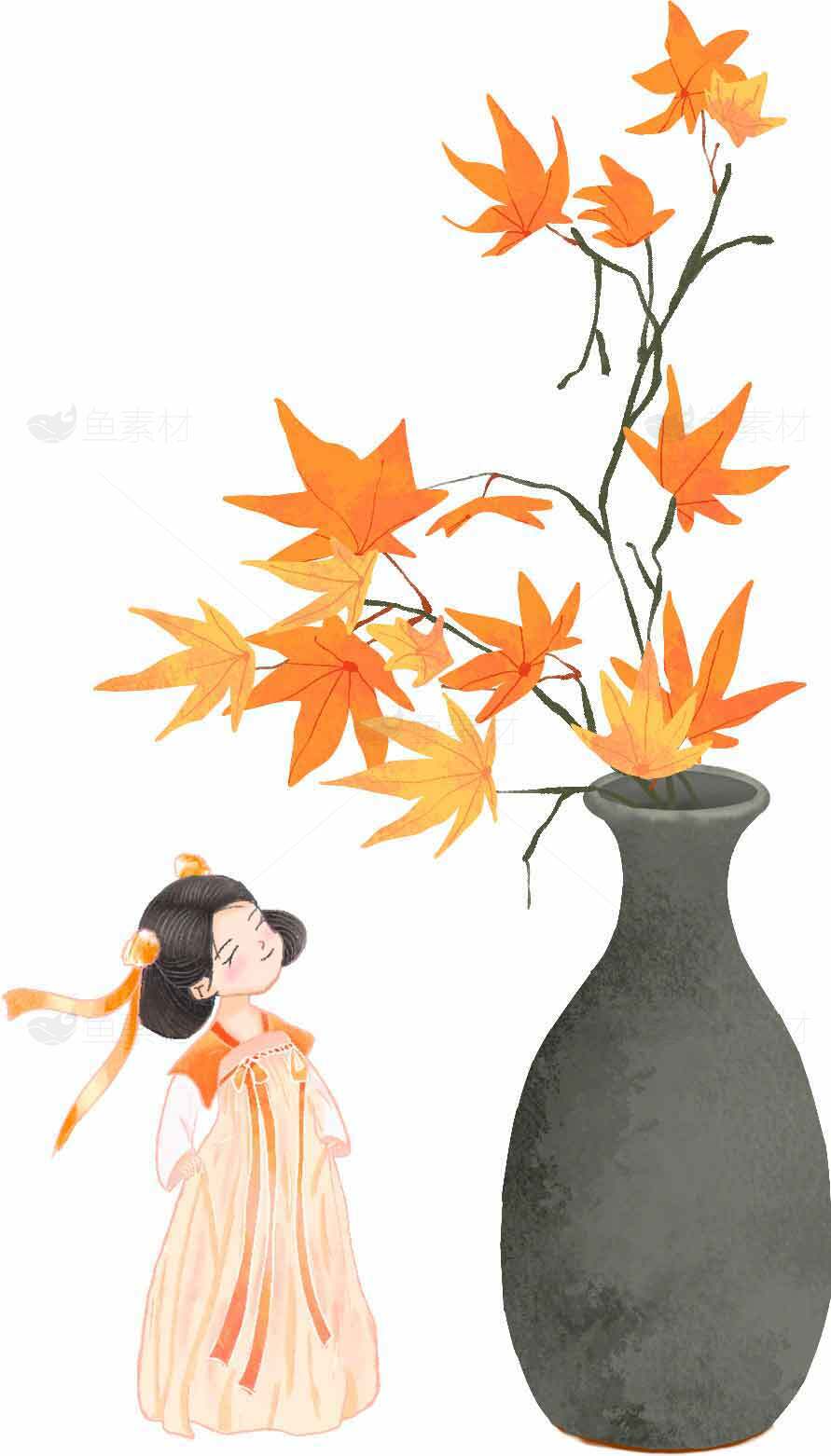 古风插画：少女与秋叶花瓶的唯美场景素材