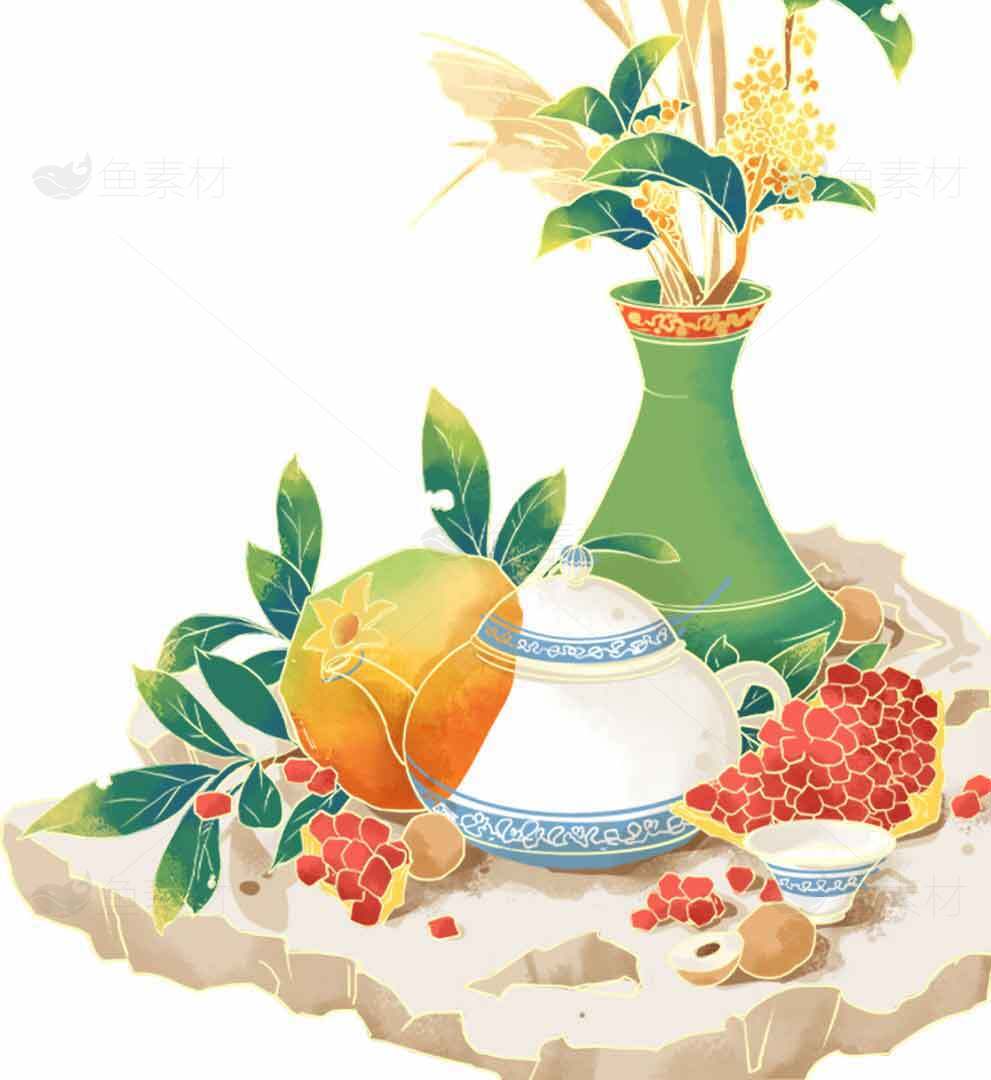 田园风格静物插画：果实与茶具的艺术搭配素材