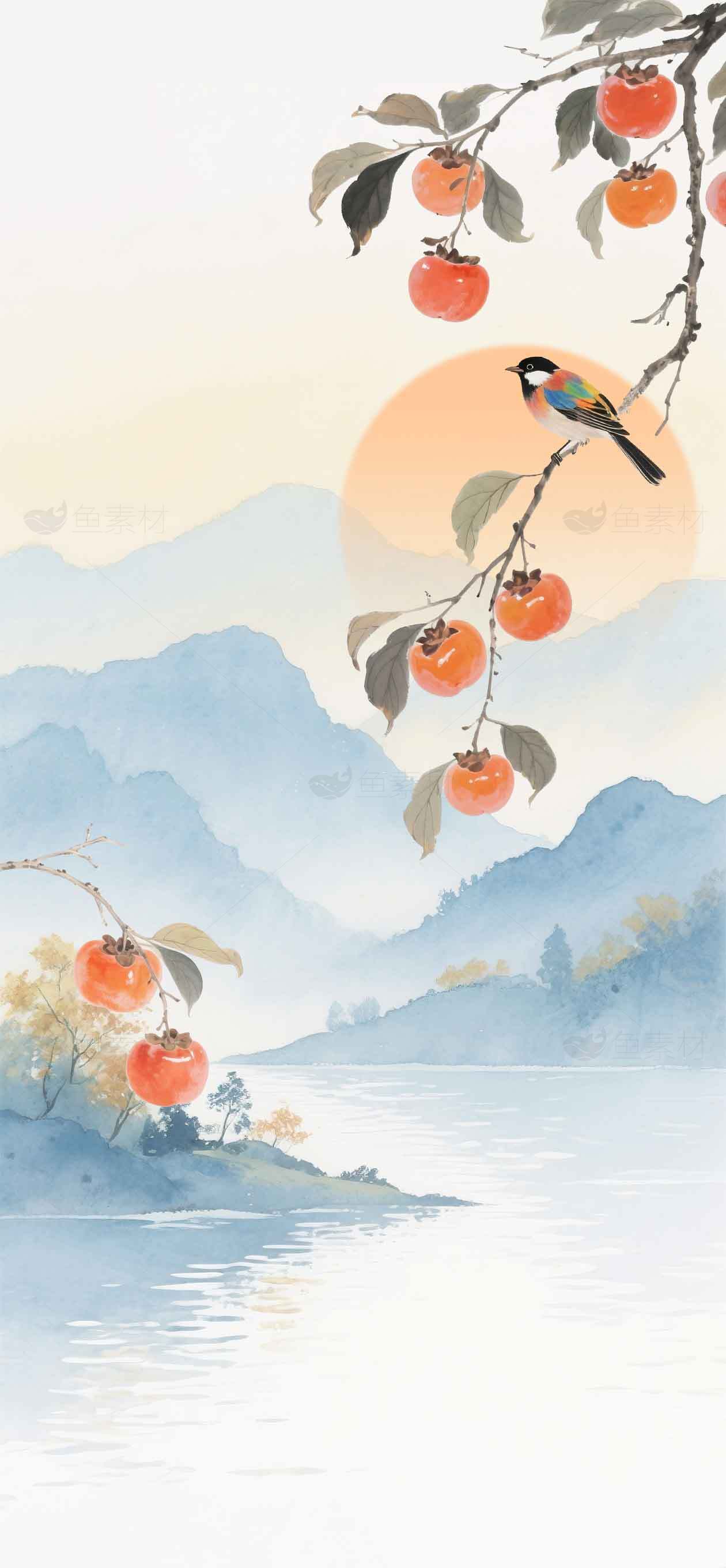 国风水墨画：柿子与山水的诗意画卷素材