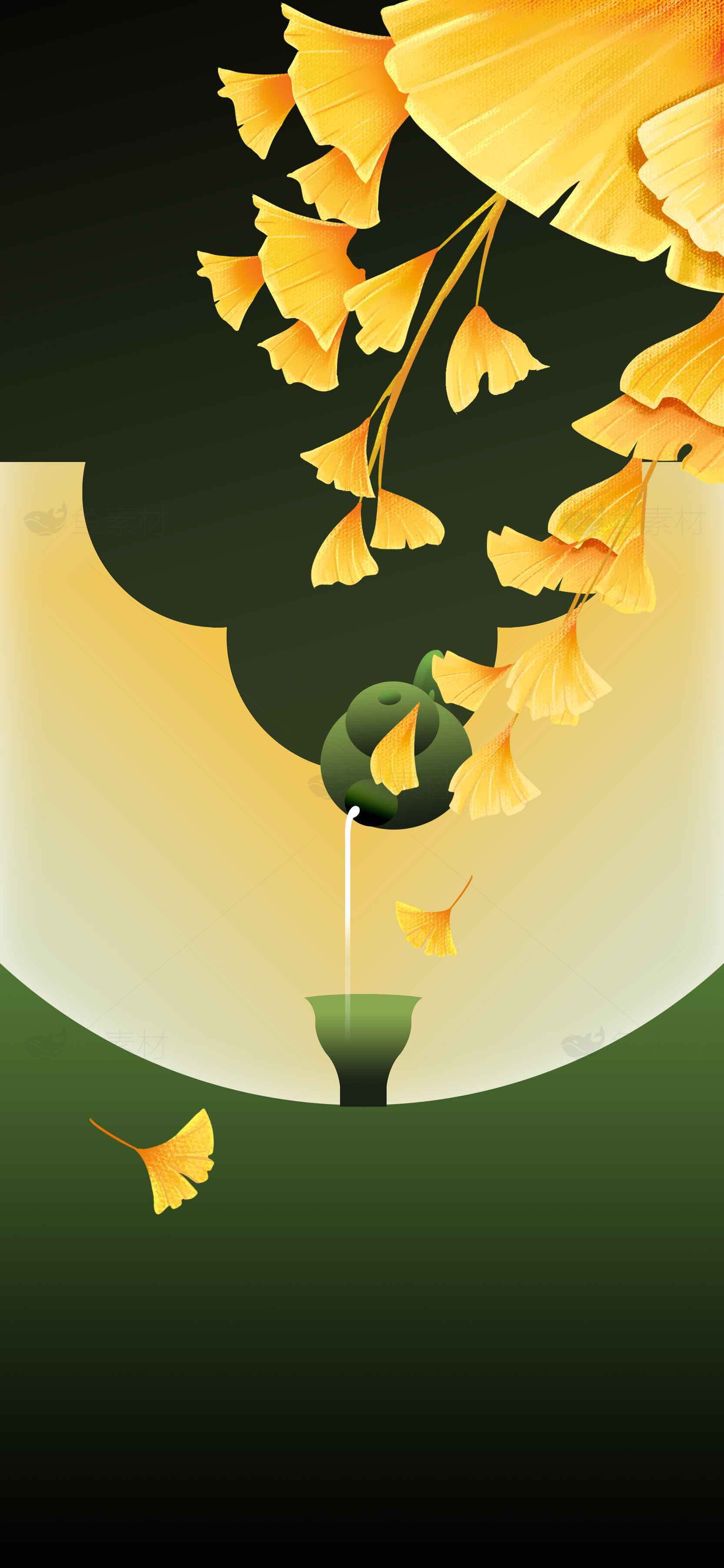 秋季银杏叶与绿色背景唯美插画素材