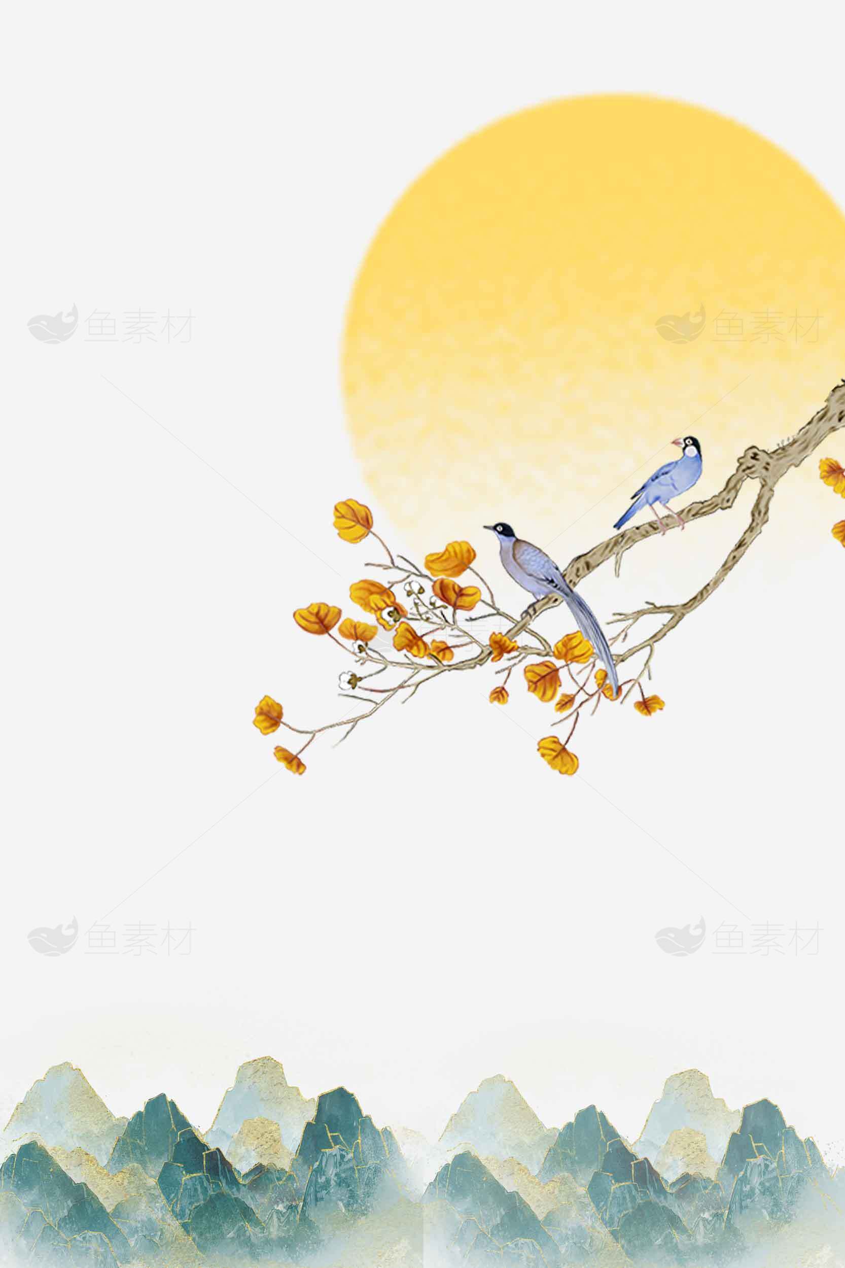 唯美中国风山水画：秋日黄昏与鸟儿枝头相映素材
