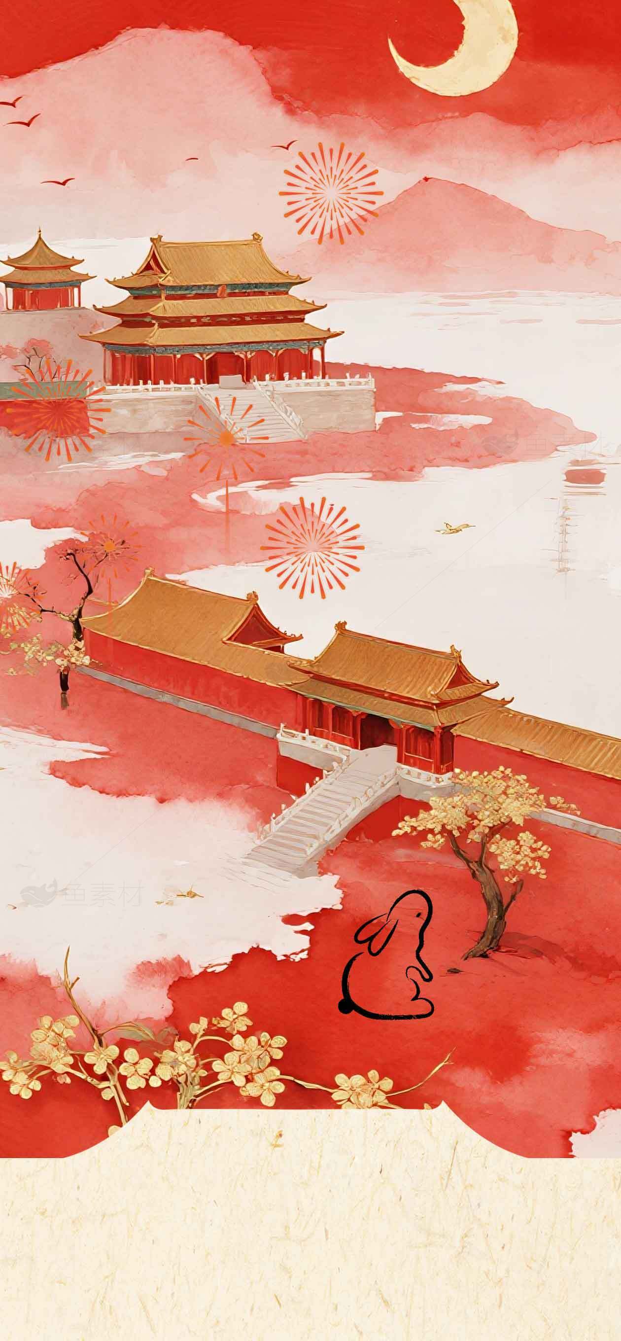 中国传统水墨画风格的红色宫殿与烟花背景素材
