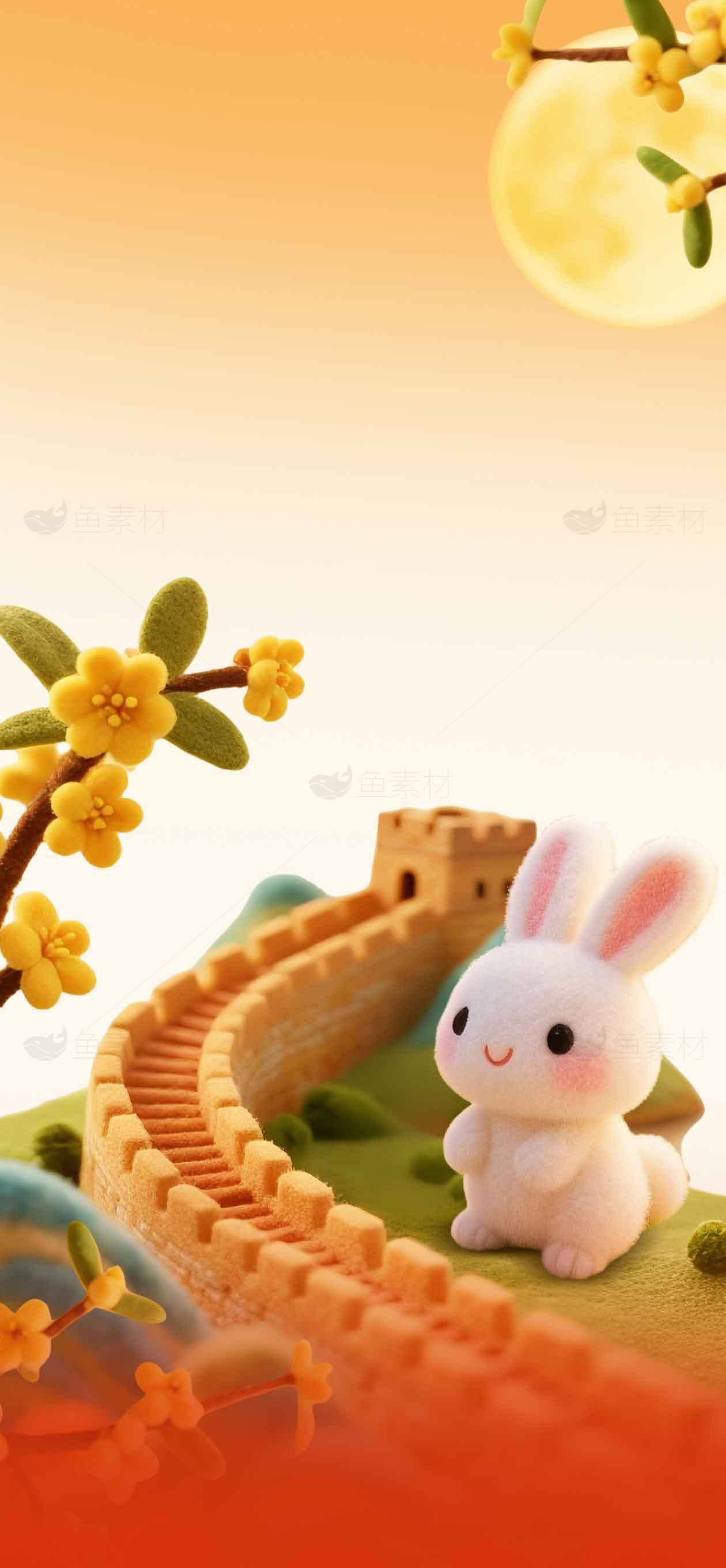 中秋节萌兔与长城插画：温馨节日氛围素材