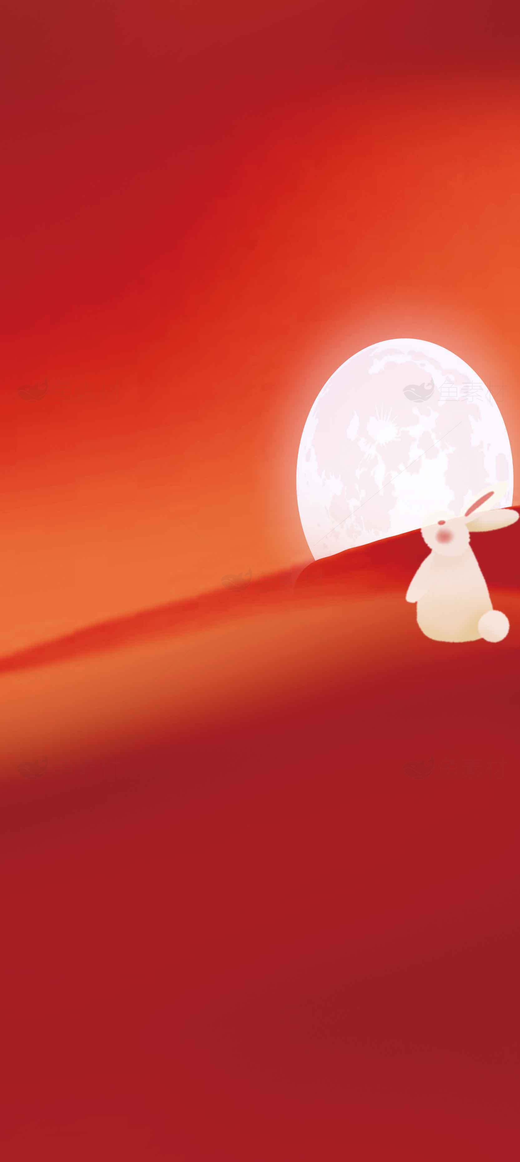 中秋节红色背景下的玉兔与满月插画素材