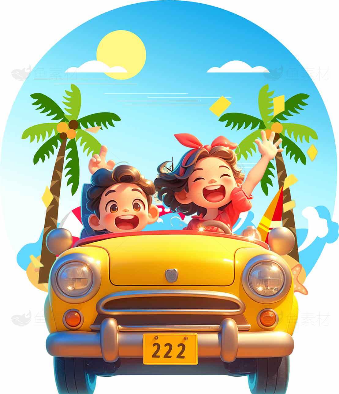 欢乐夏日旅行卡通插画素材