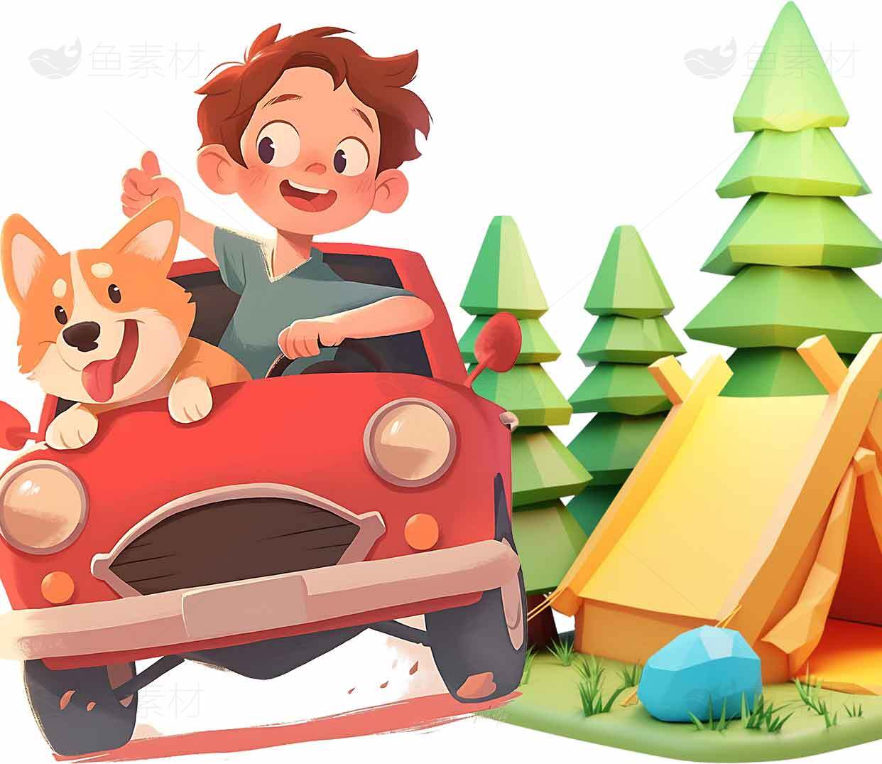 儿童与宠物的户外冒险插画素材