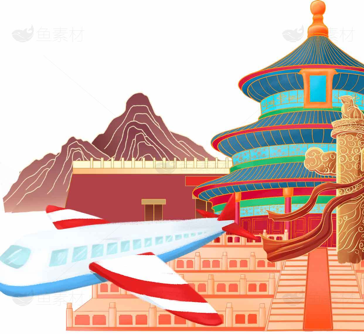 中国旅游景点插画：长城与天坛素材