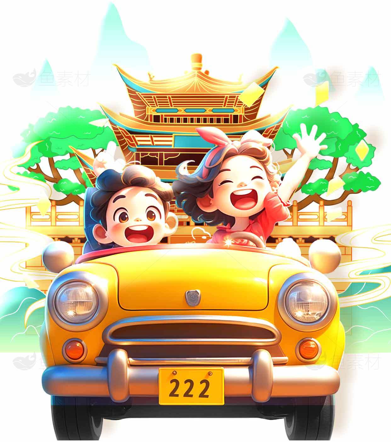 欢乐卡通风格自驾游与古建筑背景素材