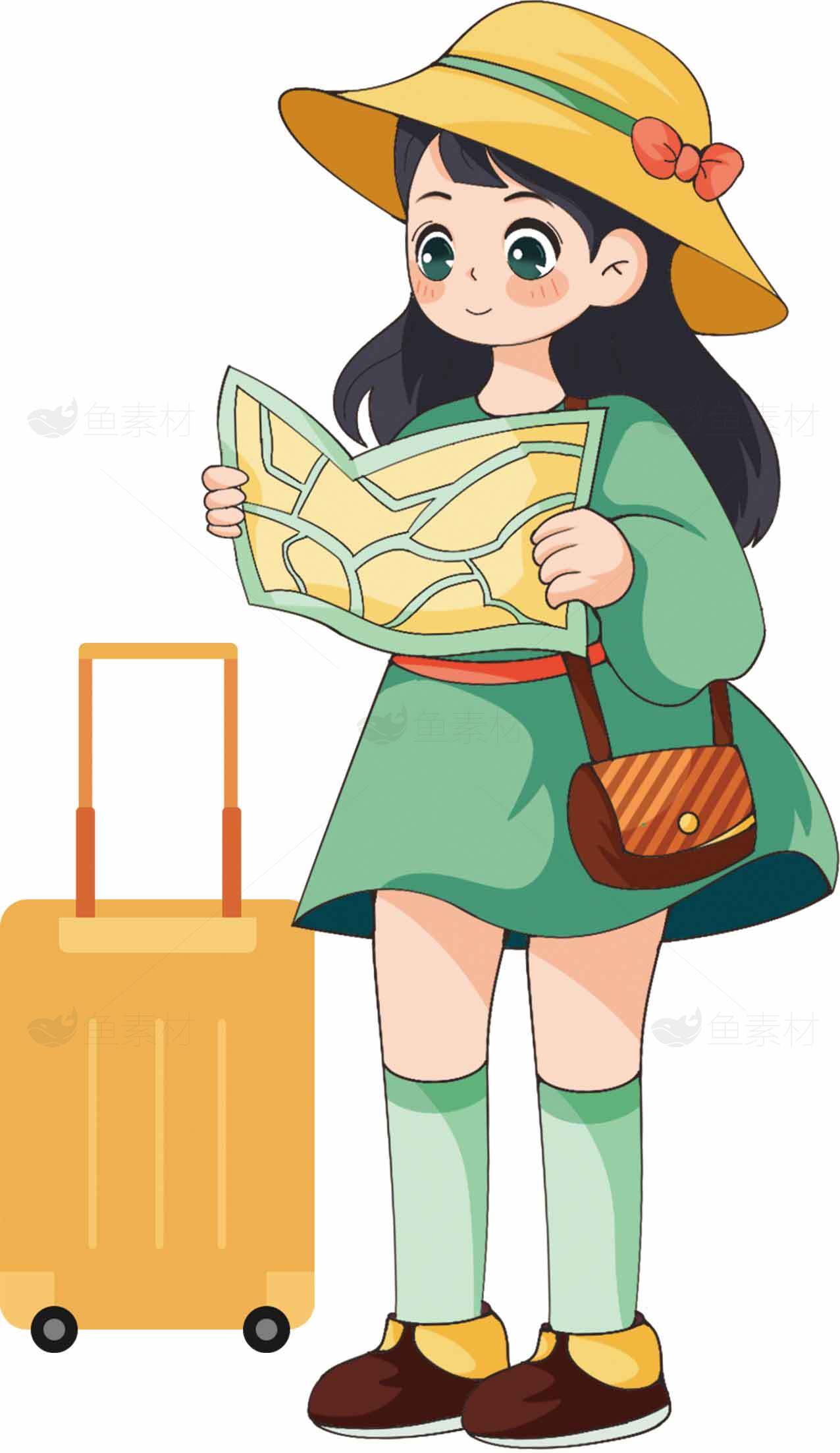 卡通女孩旅行插画：手持地图与行李箱素材