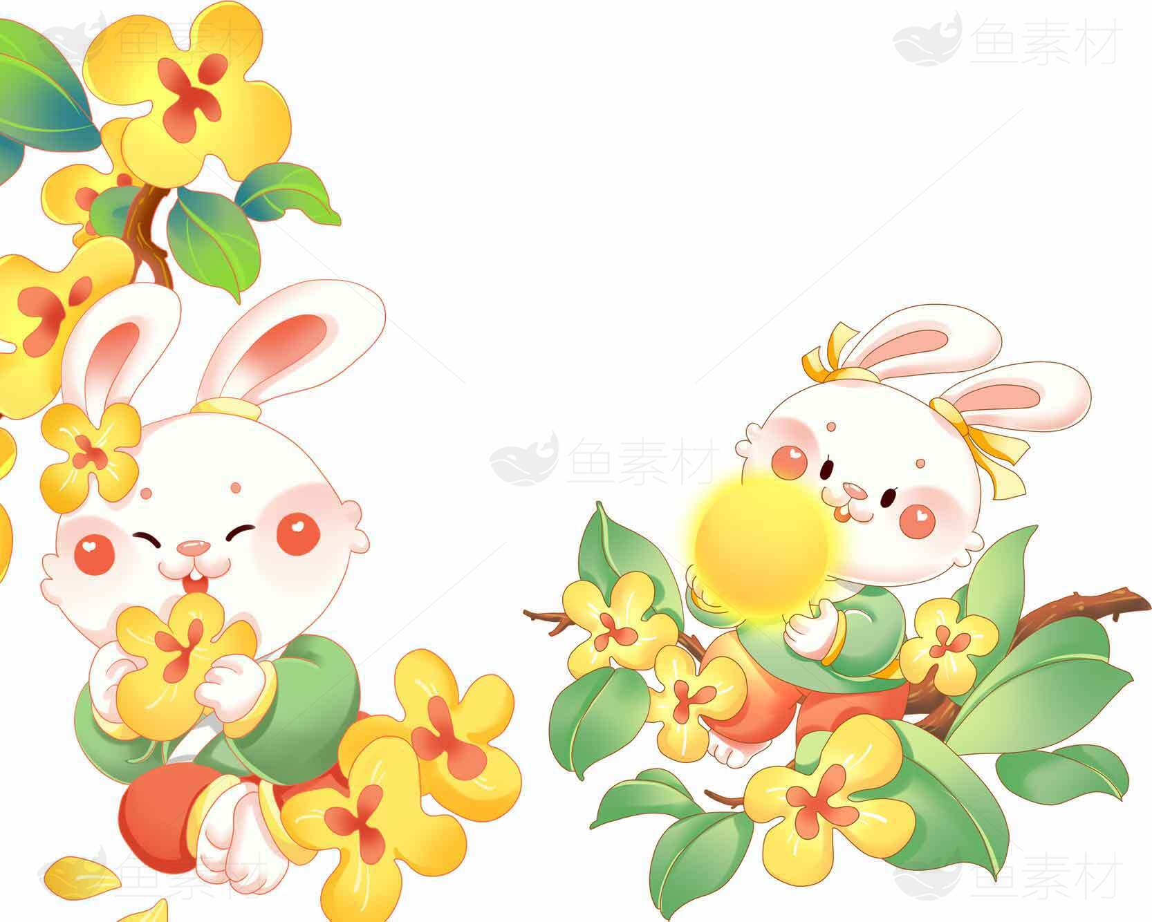 可爱兔子与黄色花朵插画设计素材