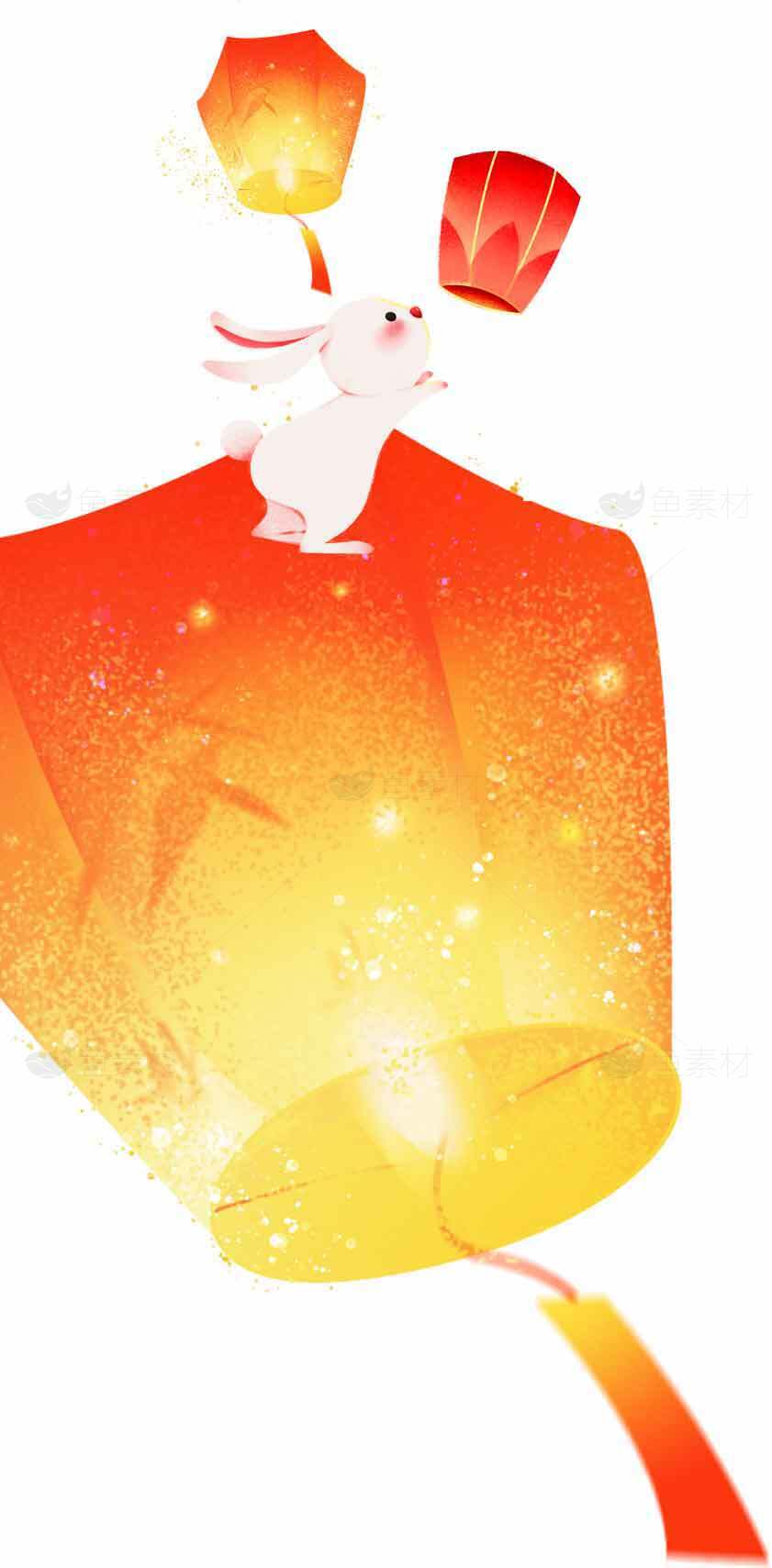 中秋节兔子与孔明灯插画设计素材