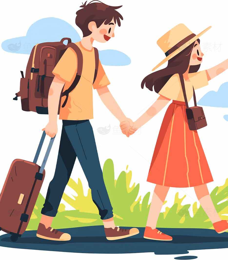 情侣背包旅行插画：手牵手探索自然风光素材