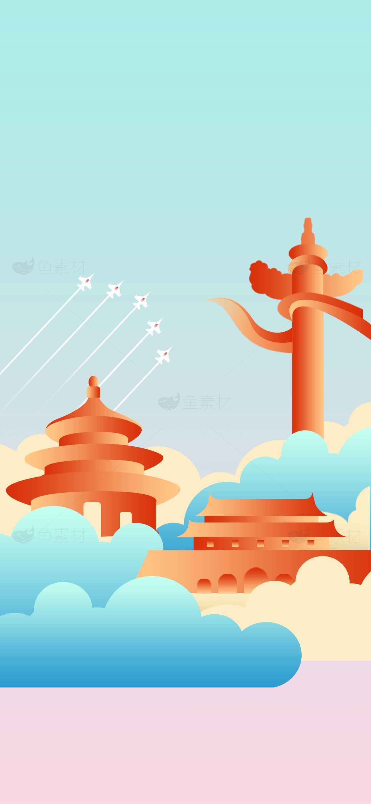 中国传统建筑与蓝天白云插画设计素材