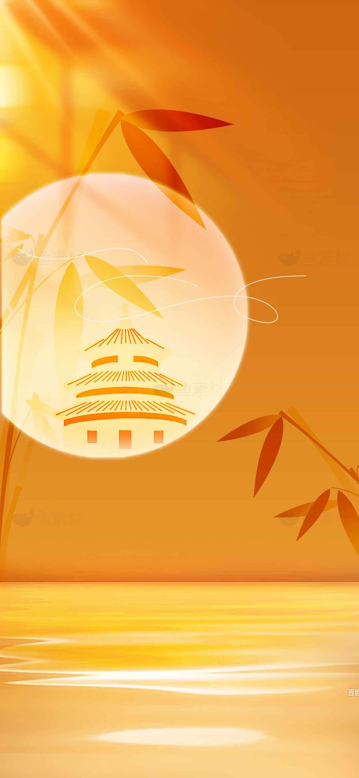 中秋节意境唯美壁纸：金色竹叶与圆月素材
