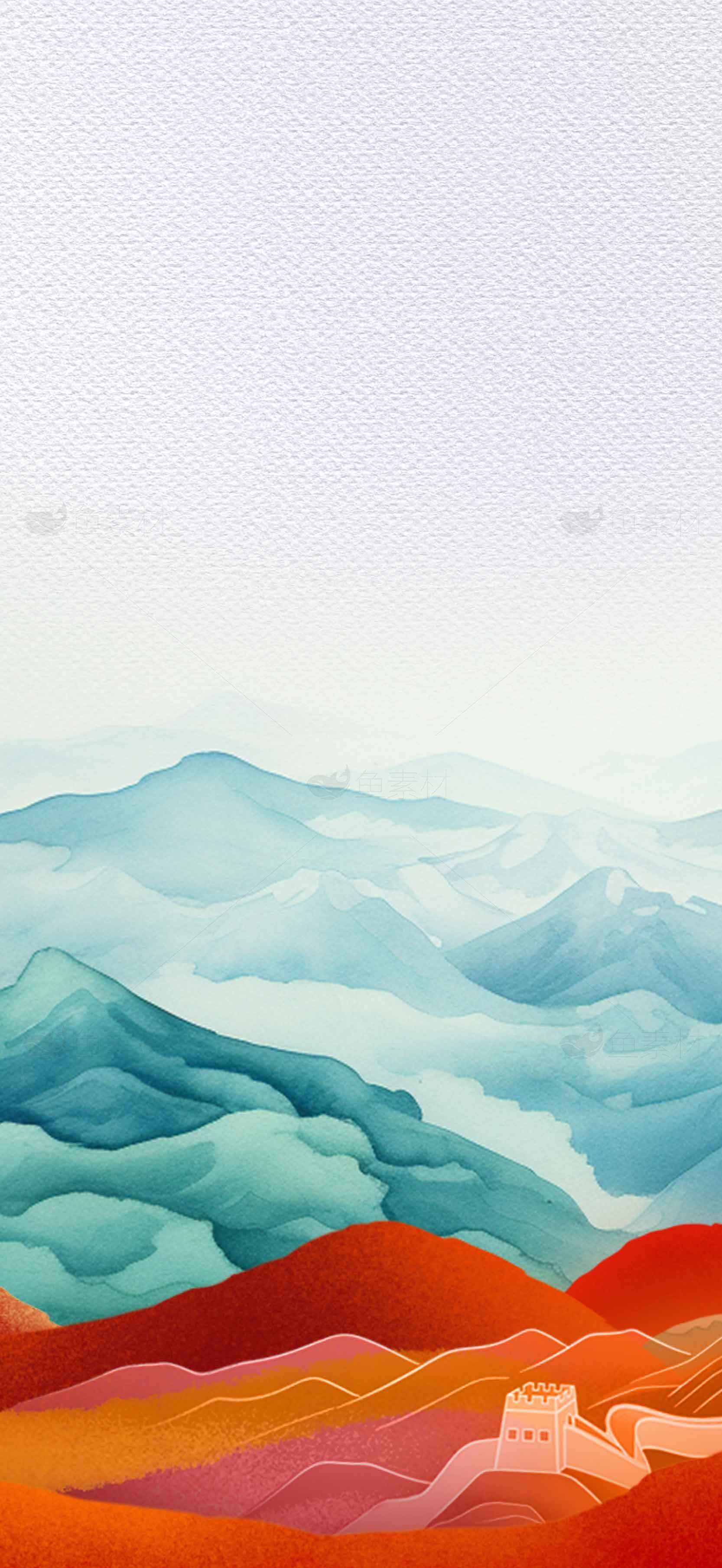 中国水墨风格山水画长城背景素材
