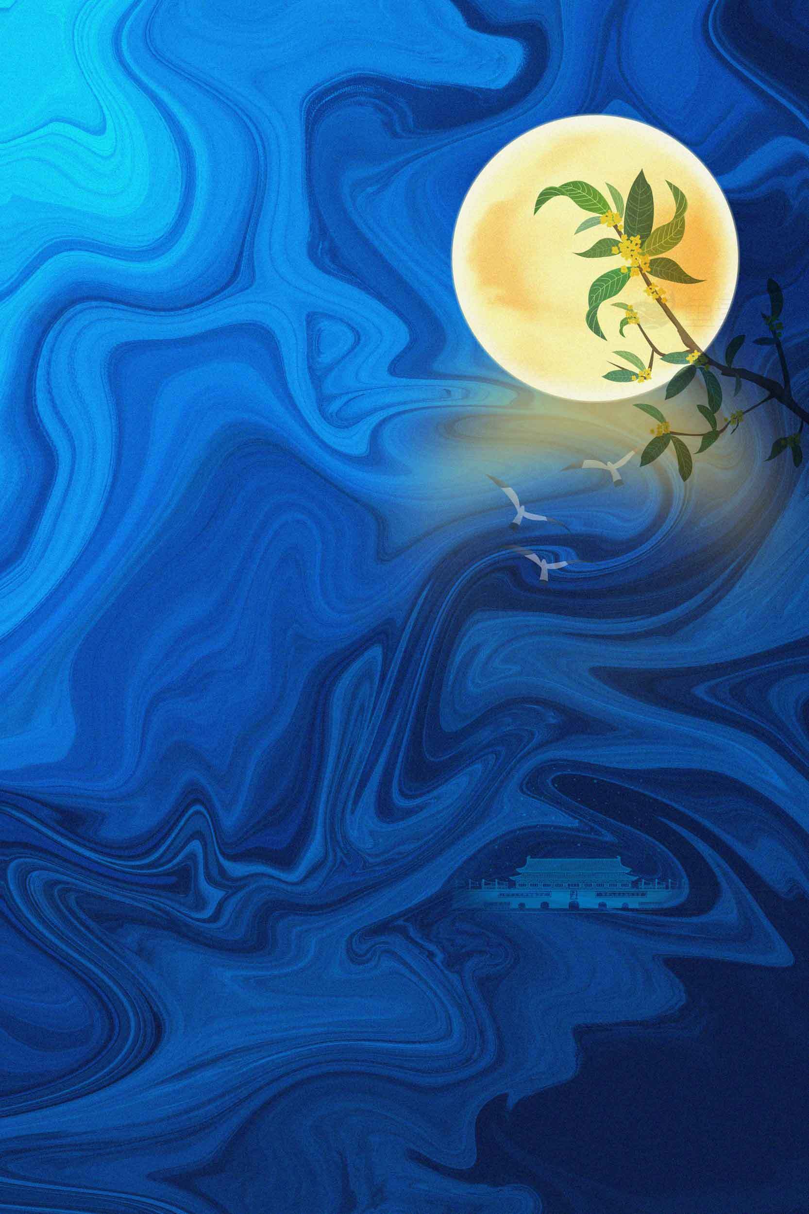 蓝色夜空中的满月与竹影意境图素材