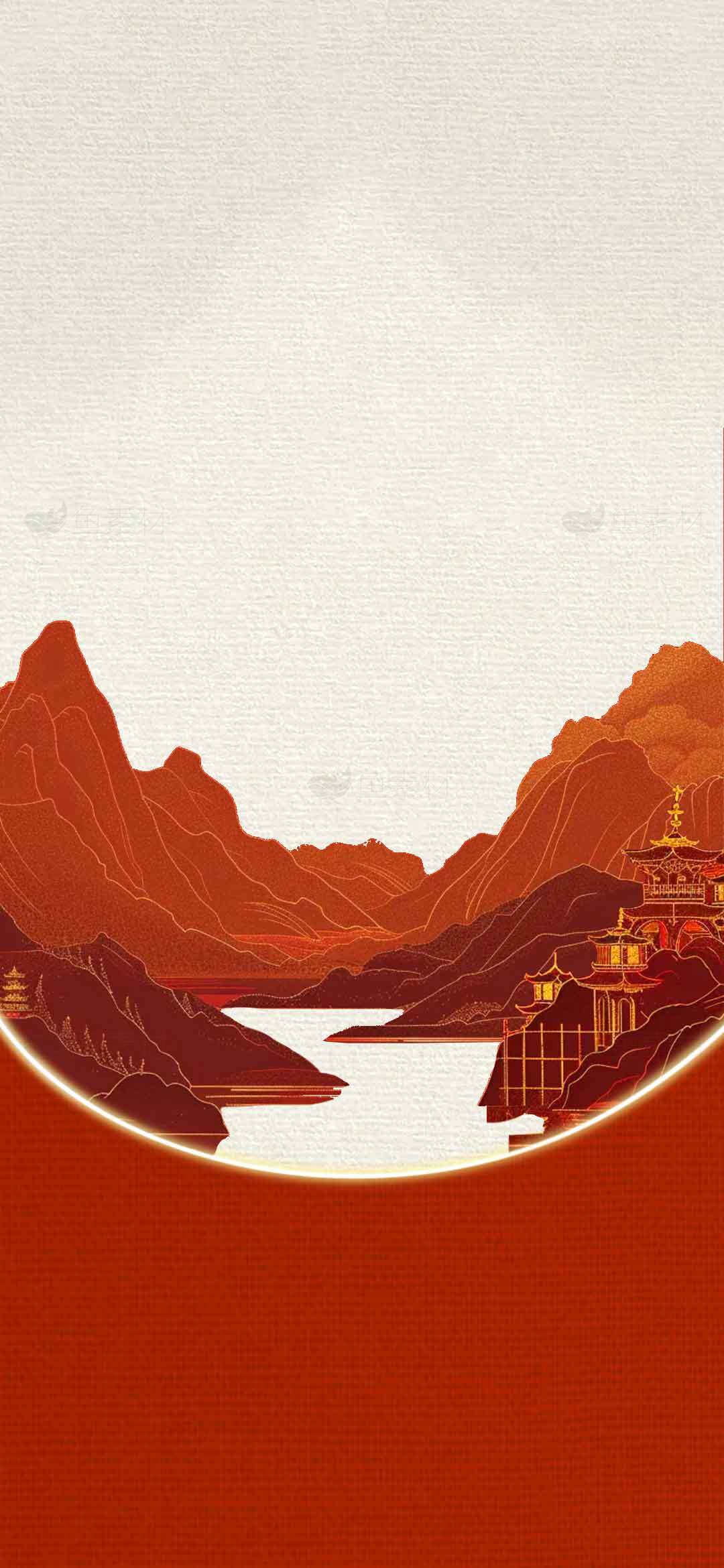 中国风山水红色背景图片素材