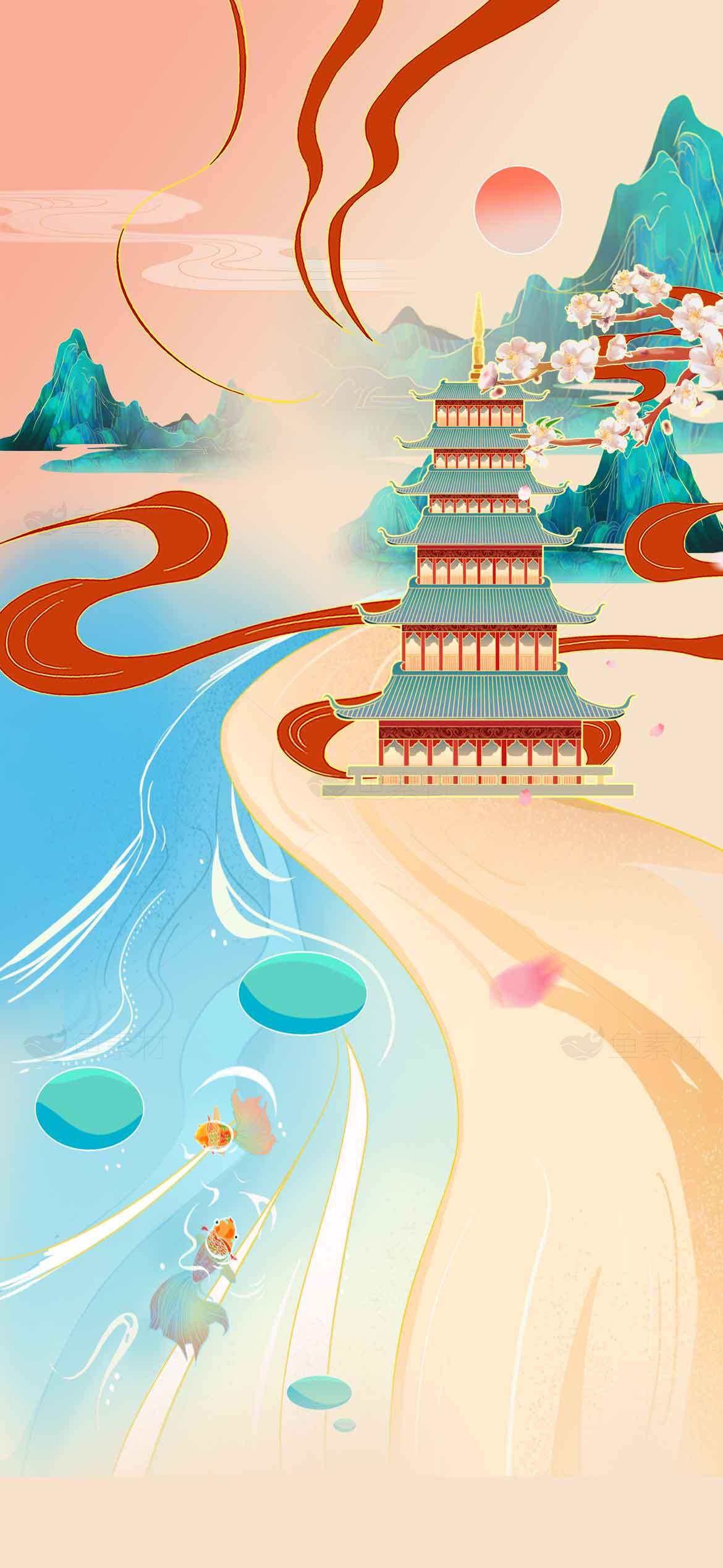 唯美中国风山水画：古塔与湖泊交相辉映素材