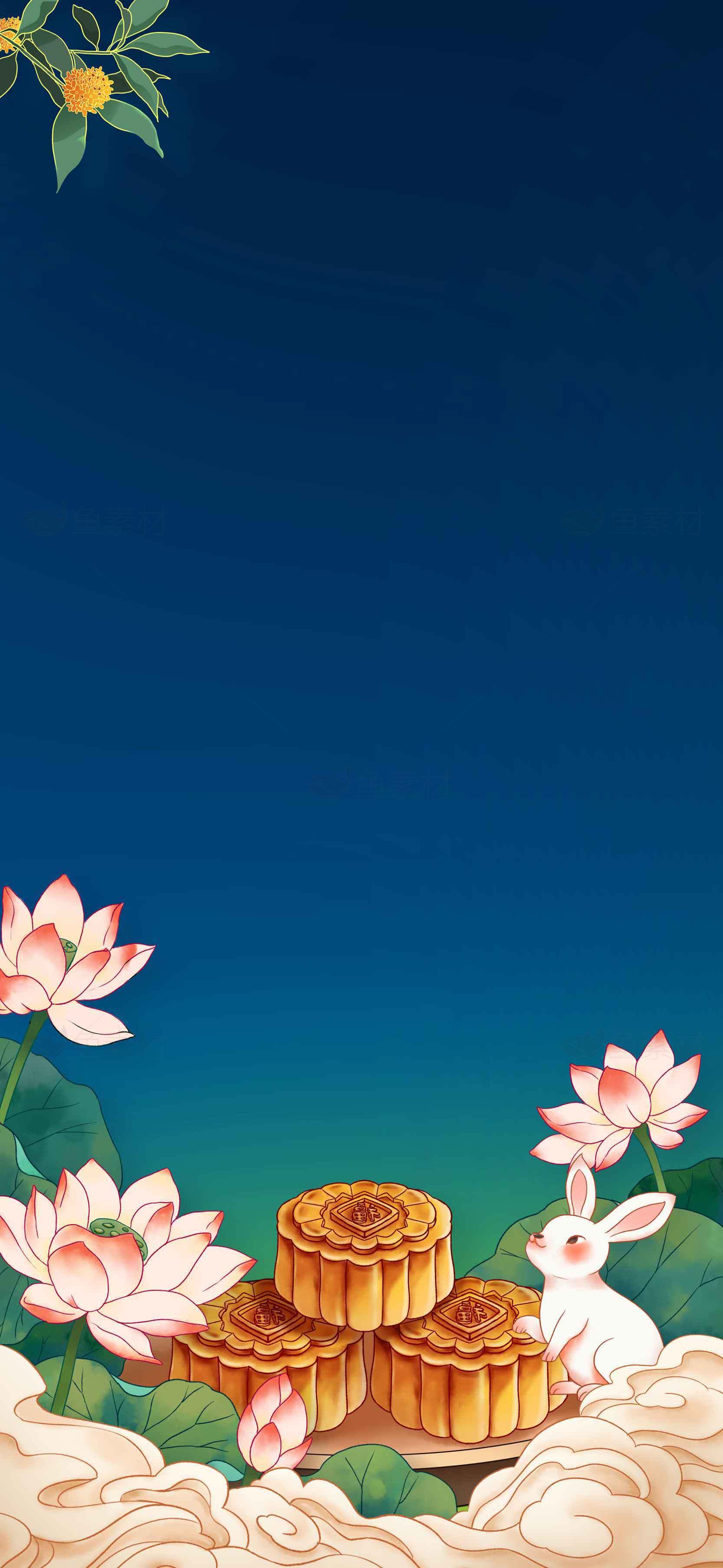 中秋节月饼与玉兔背景插画素材