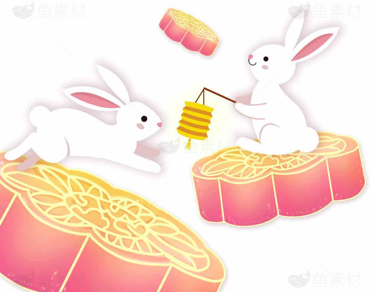中秋节月饼与兔子插画设计图素材