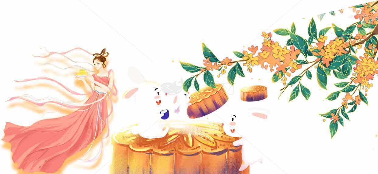 中秋节唯美插画：嫦娥与月饼的浪漫邂逅素材
