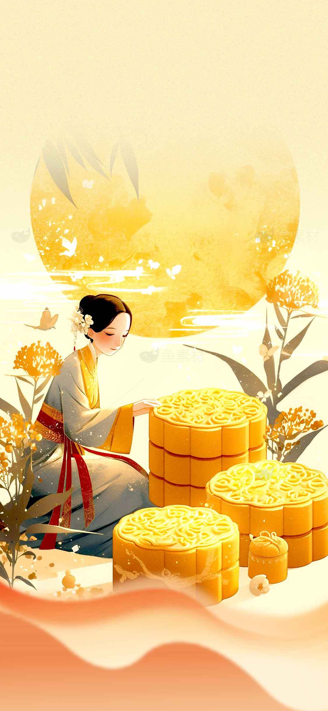 中秋节传统文化插画：月饼与古风人物素材