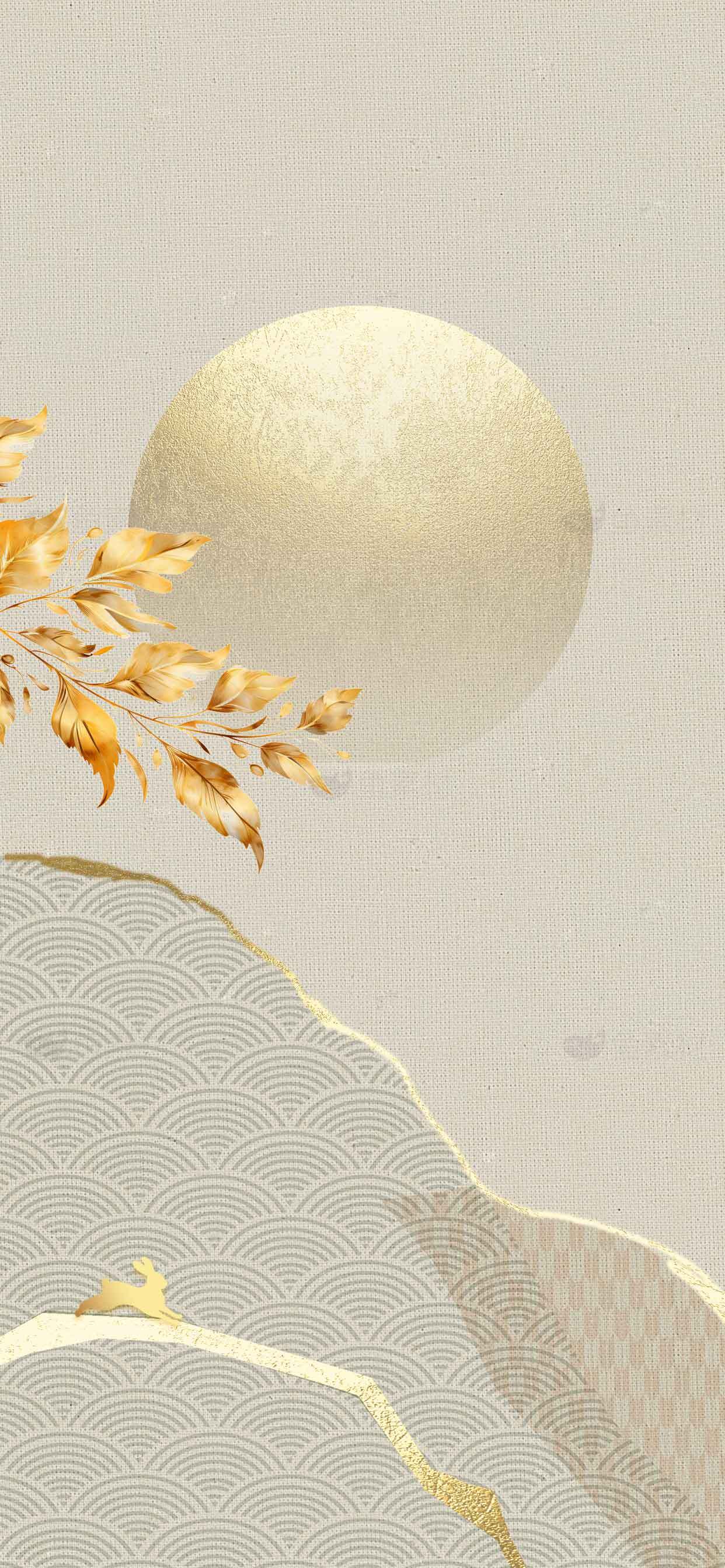 简约中式风格月亮与金色树叶背景图片素材