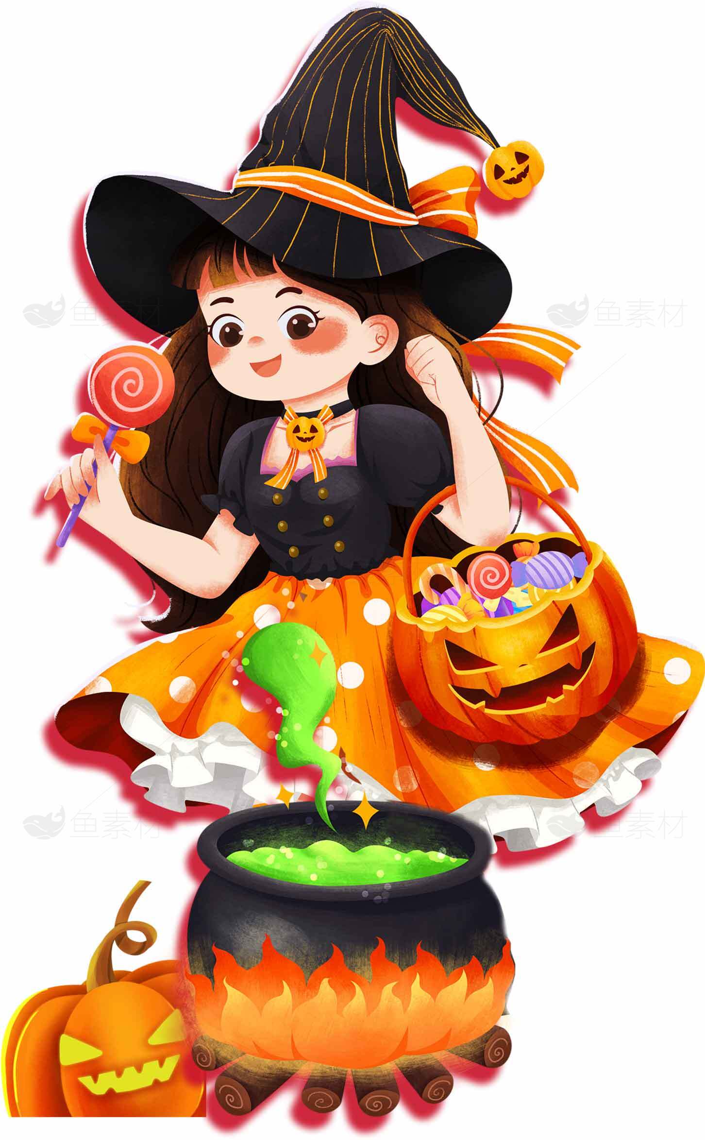 万圣节可爱女巫与南瓜灯插画素材