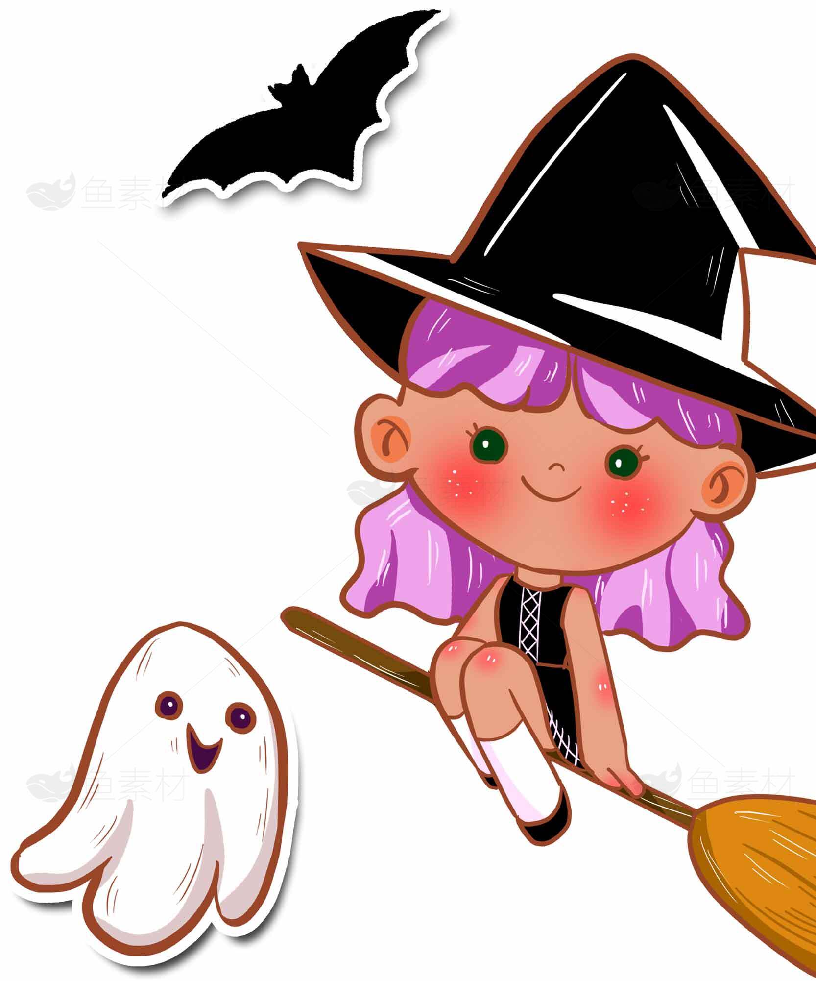 可爱万圣节女巫插画：紫发女孩与幽灵素材
