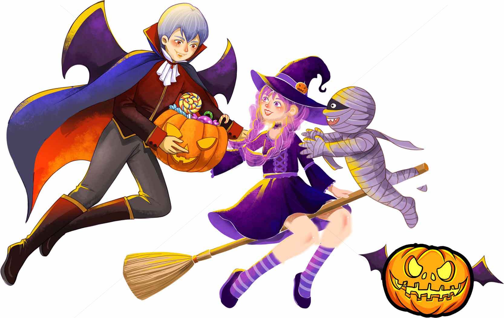 万圣节卡通插画：吸血鬼、女巫与木乃伊的趣味互动素材